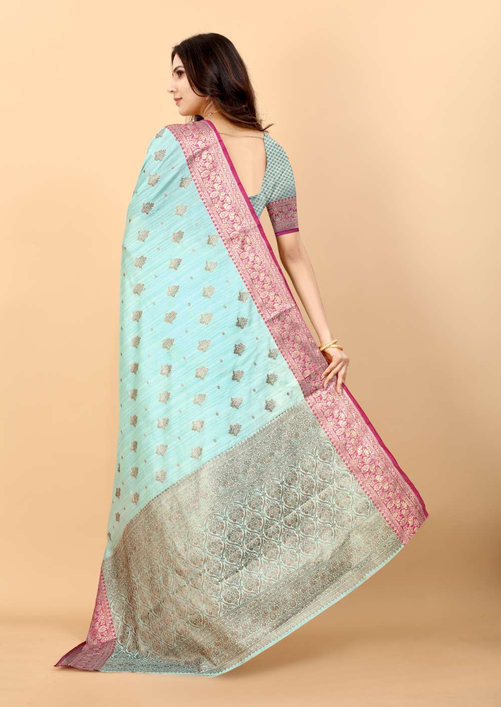 Light Blue Color Soft Magic Slub Soft Silk Saree With Rich golden Zari Woven Pallu & Zari weaving Border Saree With Unstitch Blouse Pieces.