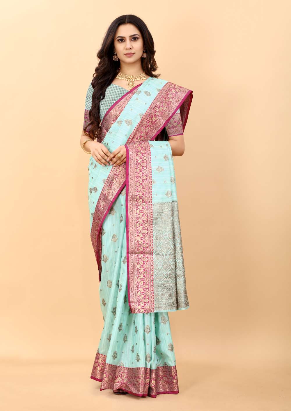 Light Blue Color Soft Magic Slub Soft Silk Saree With Rich golden Zari Woven Pallu & Zari weaving Border Saree With Unstitch Blouse Pieces.