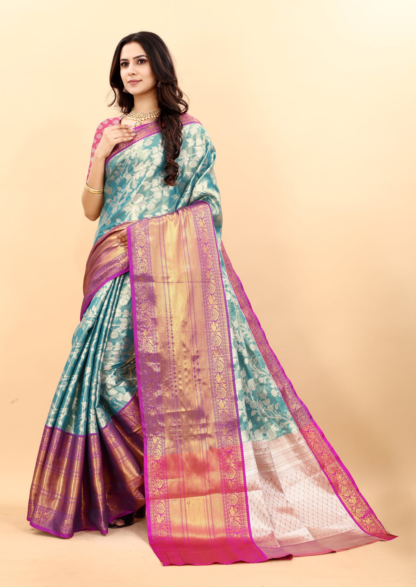 Women's Soft Kanjeevaram Silk Saree with Golden Zari Woven and Beautiful Rich Pallu Design & Jacquard Work Saree With Unstiched Blouse Piece.