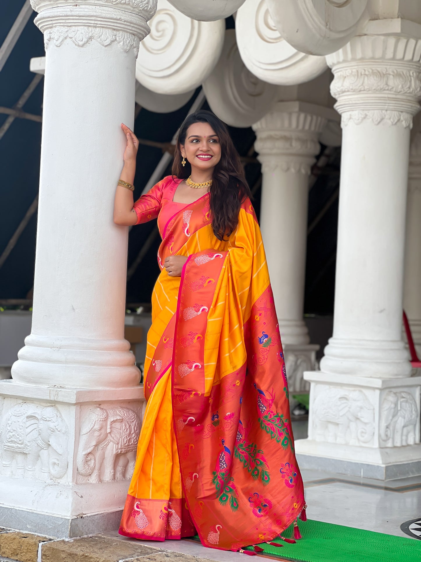 Buy Traditional Yellow Paithani Saree With Contrast Blouse Piece