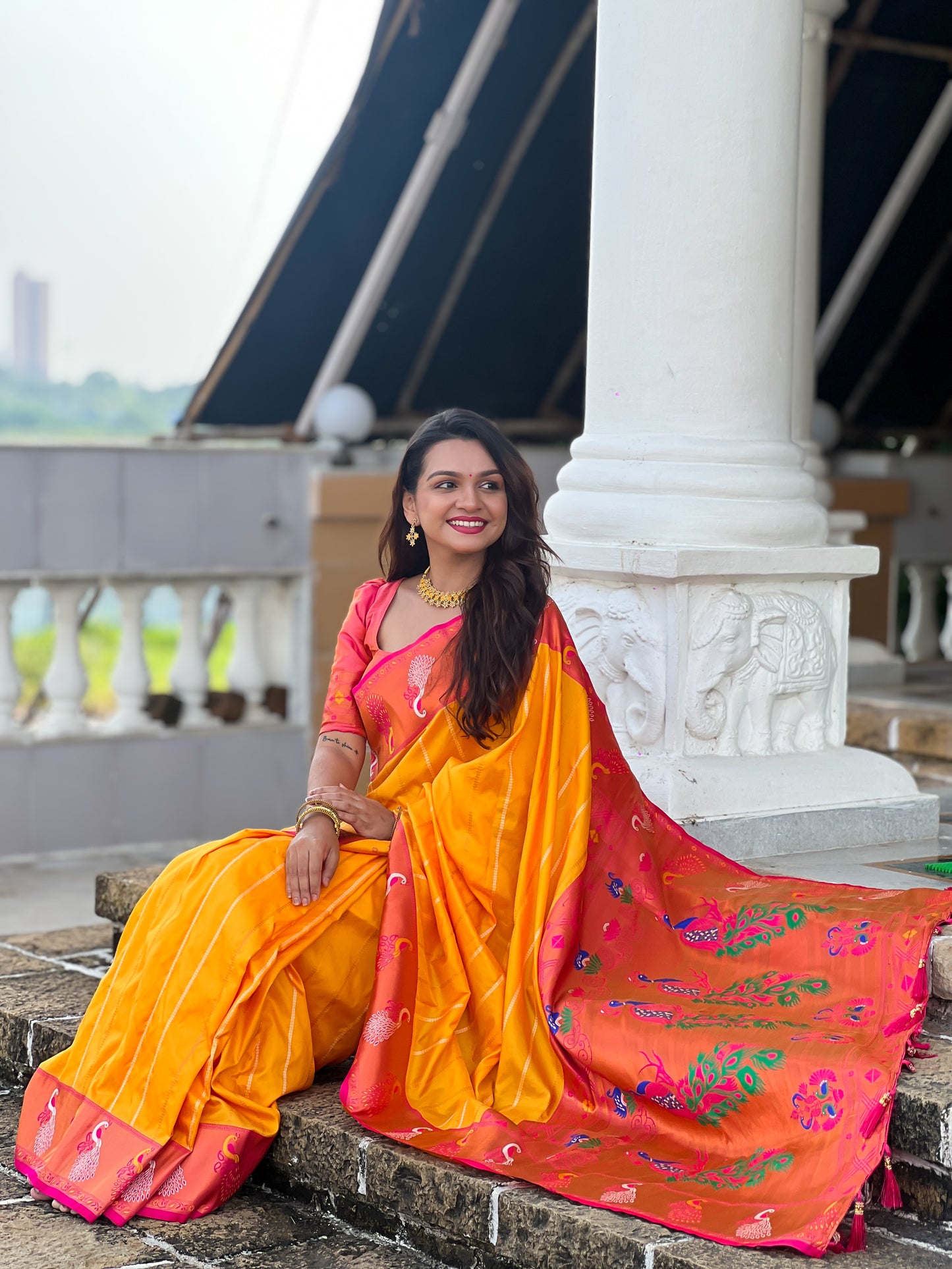 Buy Traditional Yellow Paithani Saree With Contrast Blouse Piece