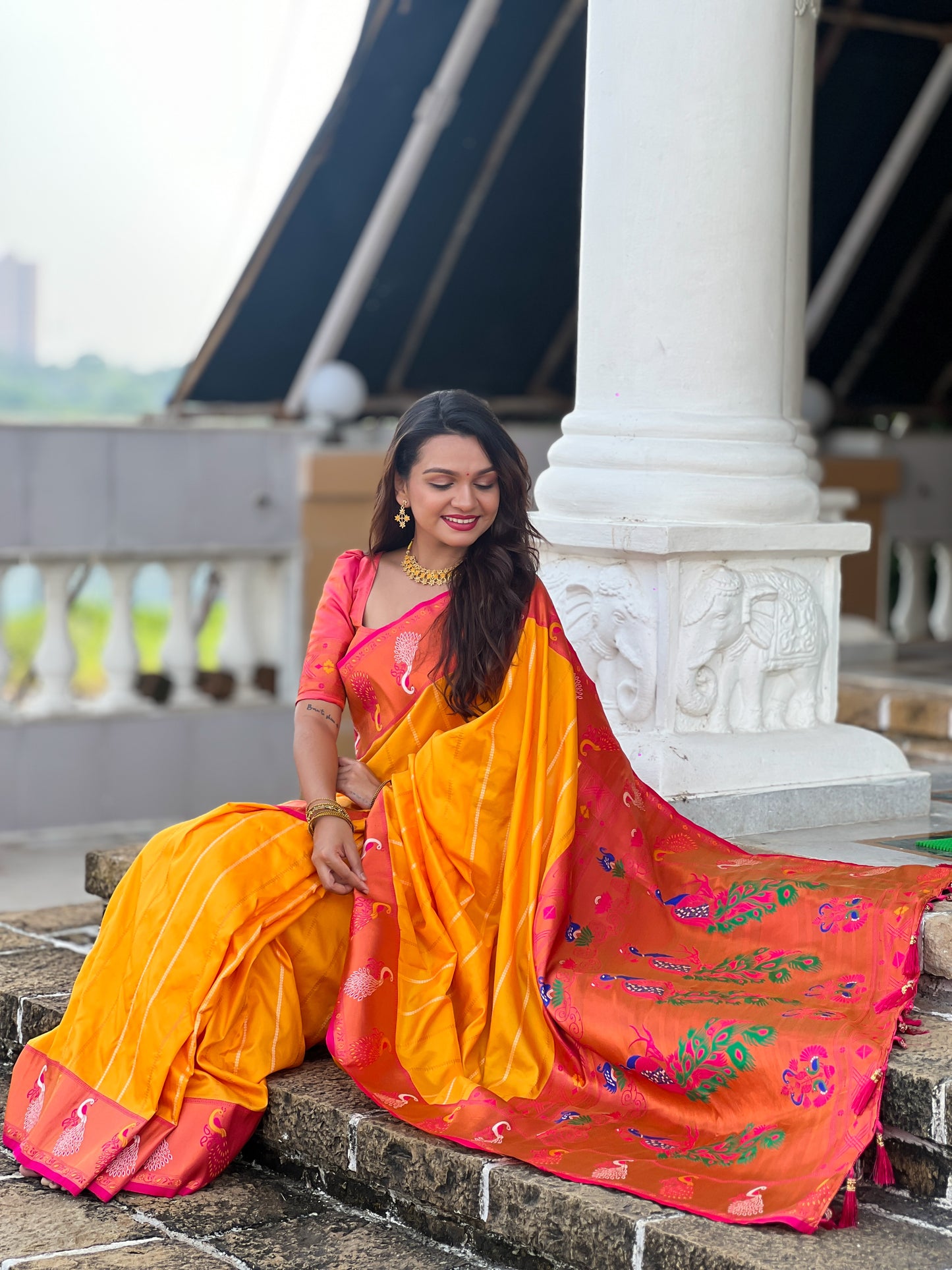 Buy Traditional Yellow Paithani Saree With Contrast Blouse Piece