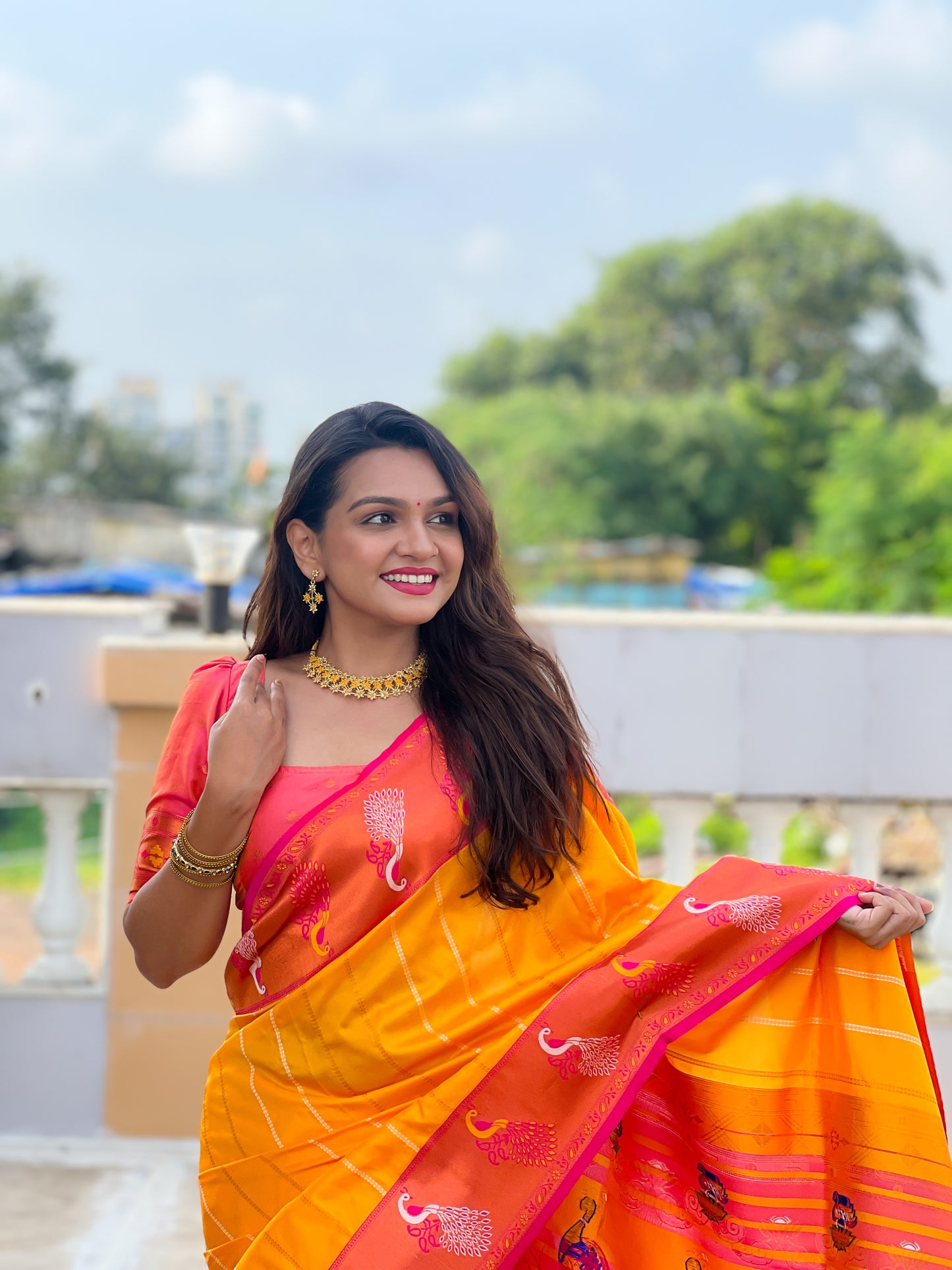 Buy Traditional Yellow Paithani Saree With Contrast Blouse Piece