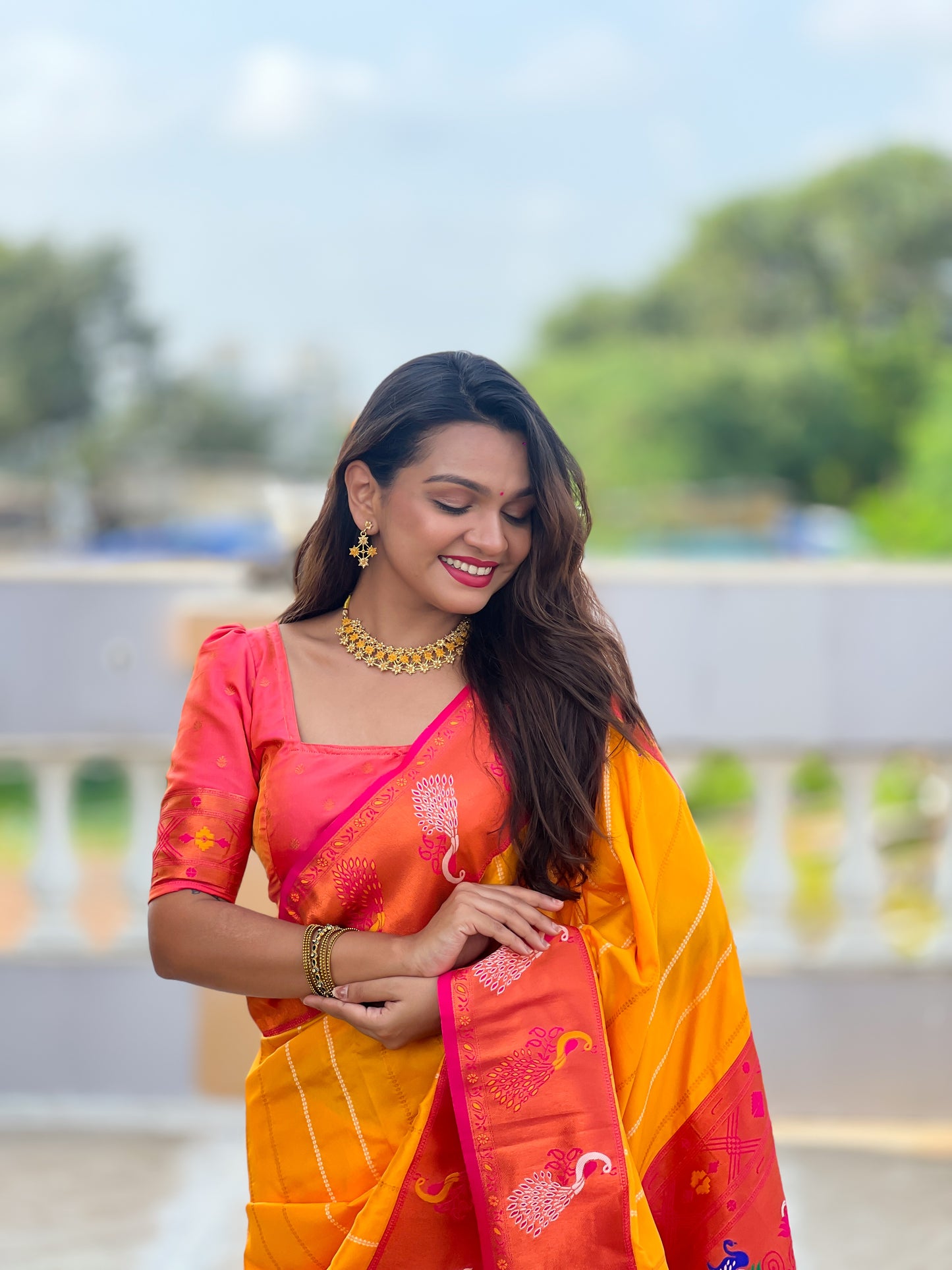 Buy Traditional Yellow Paithani Saree With Contrast Blouse Piece