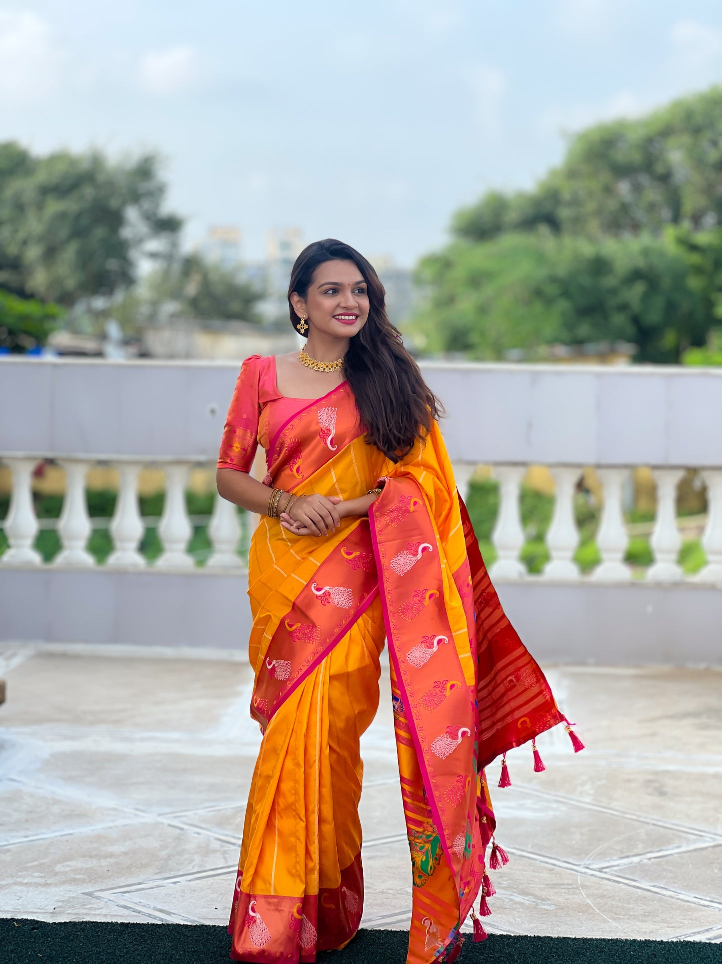 Buy Traditional Yellow Paithani Saree With Contrast Blouse Piece