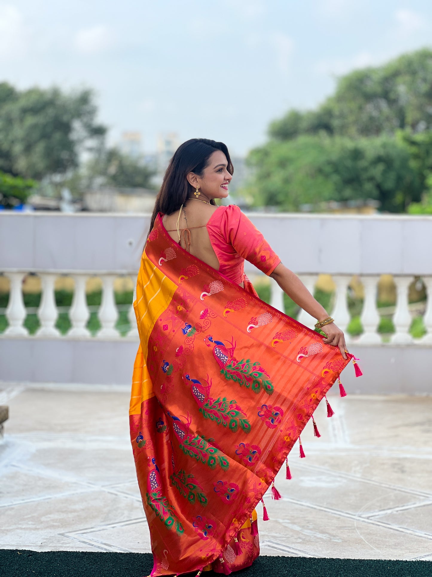 Buy Traditional Yellow Paithani Saree With Contrast Blouse Piece