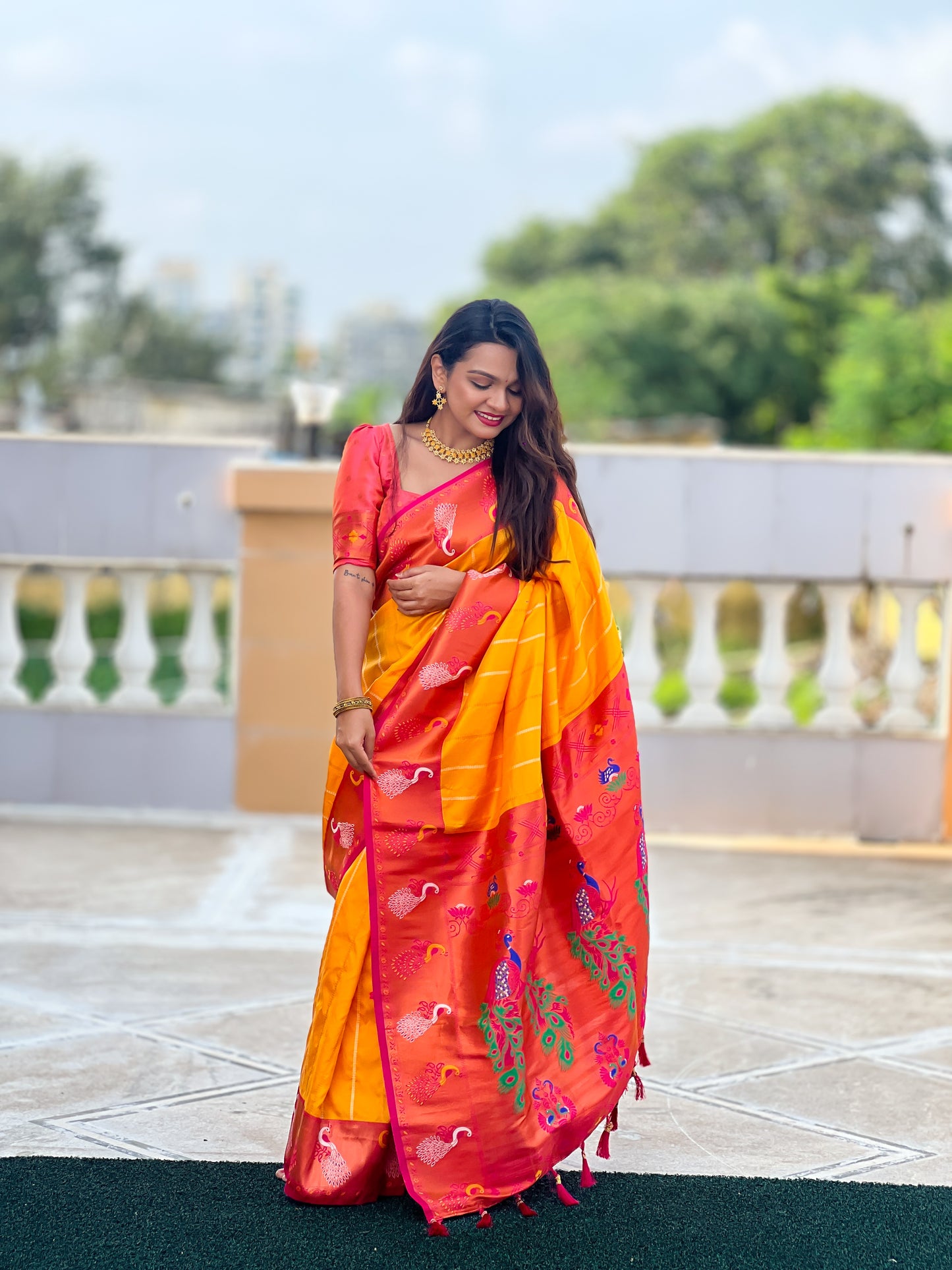 Buy Traditional Yellow Paithani Saree With Contrast Blouse Piece