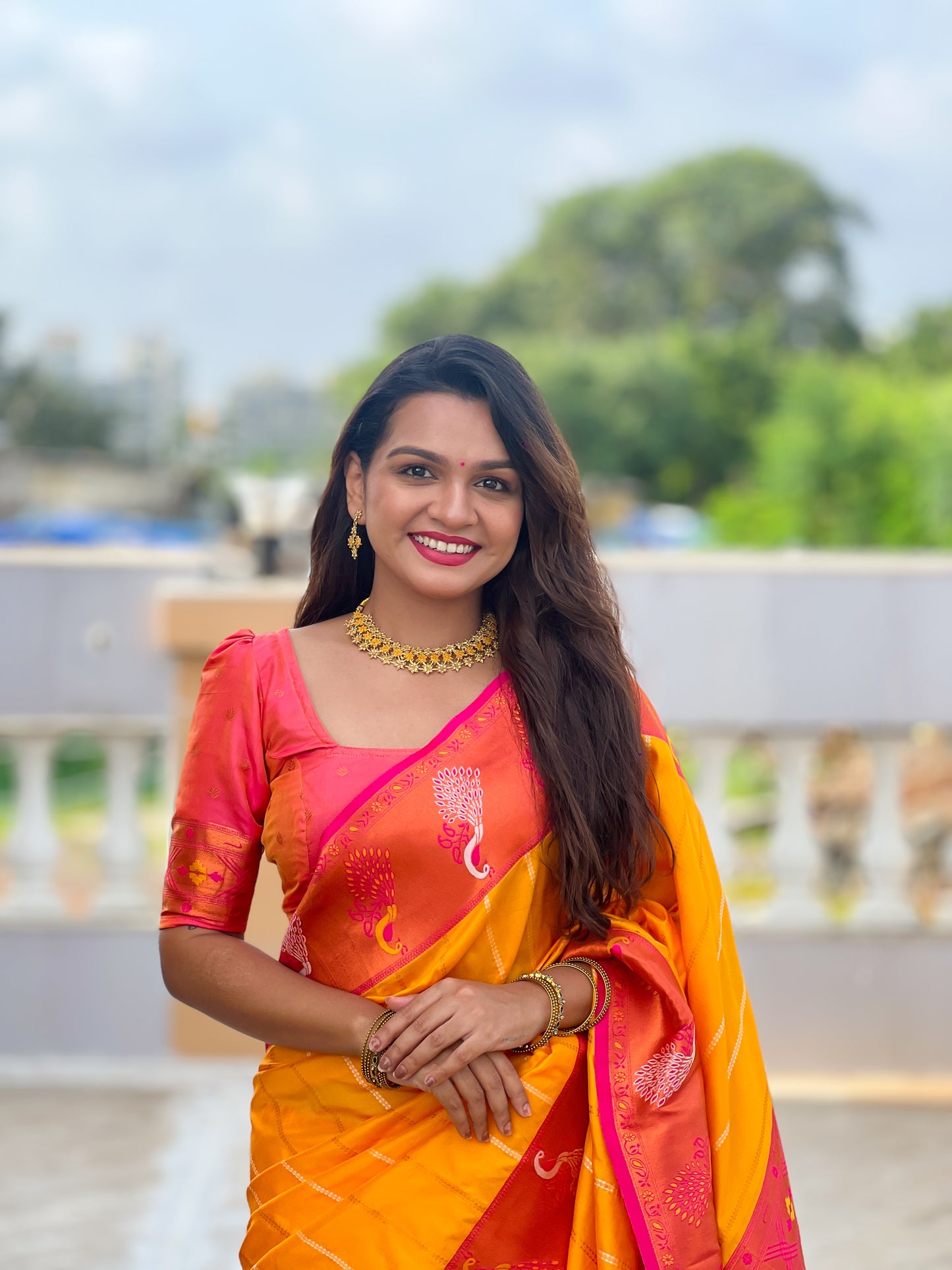 Buy Traditional Yellow Paithani Saree With Contrast Blouse Piece
