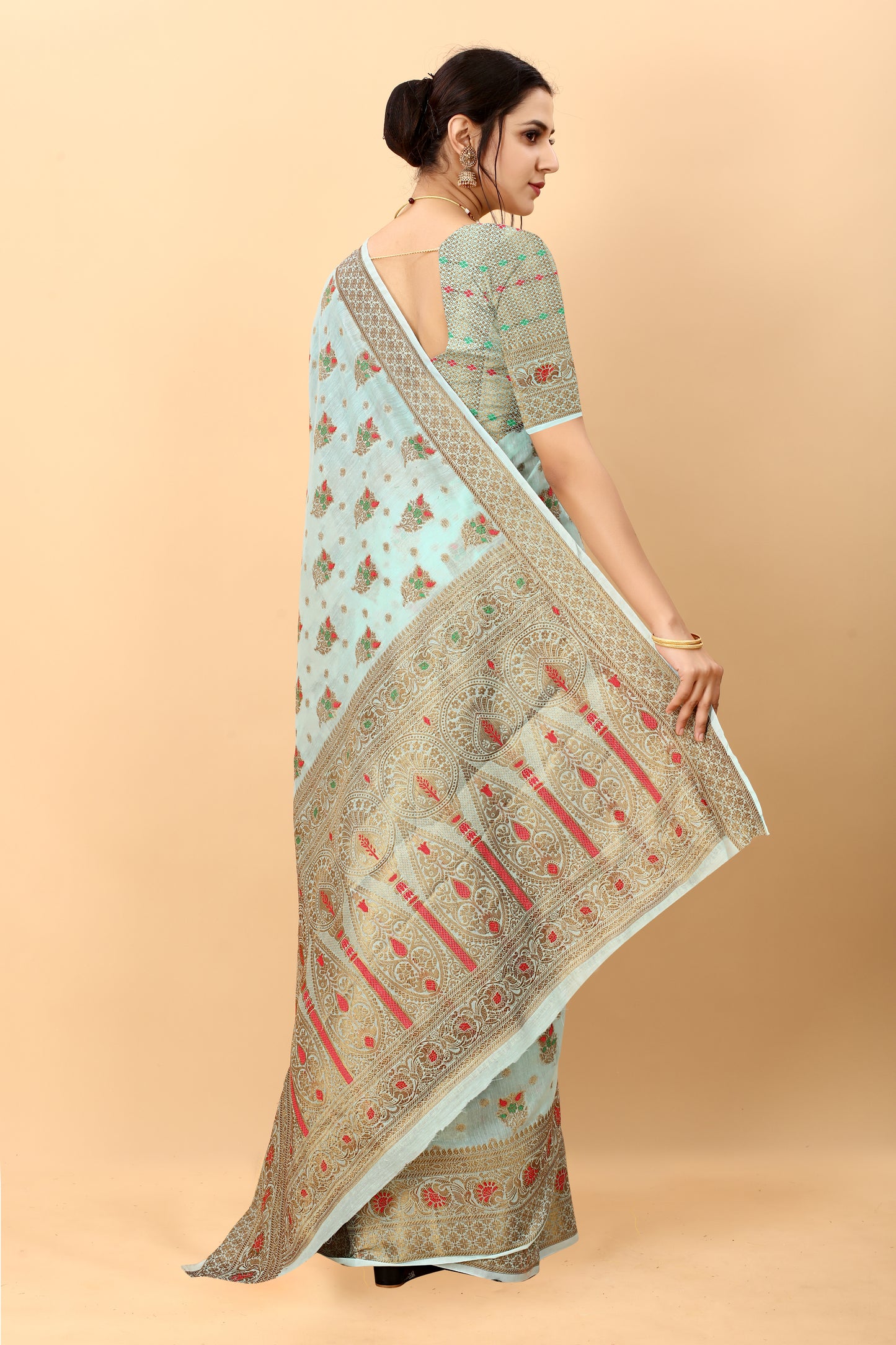 Light Blue Color Golden Zari Woven Work Exclusive Women's Soft Cotton Silk Saree with Unstiched Blouse Pieces.