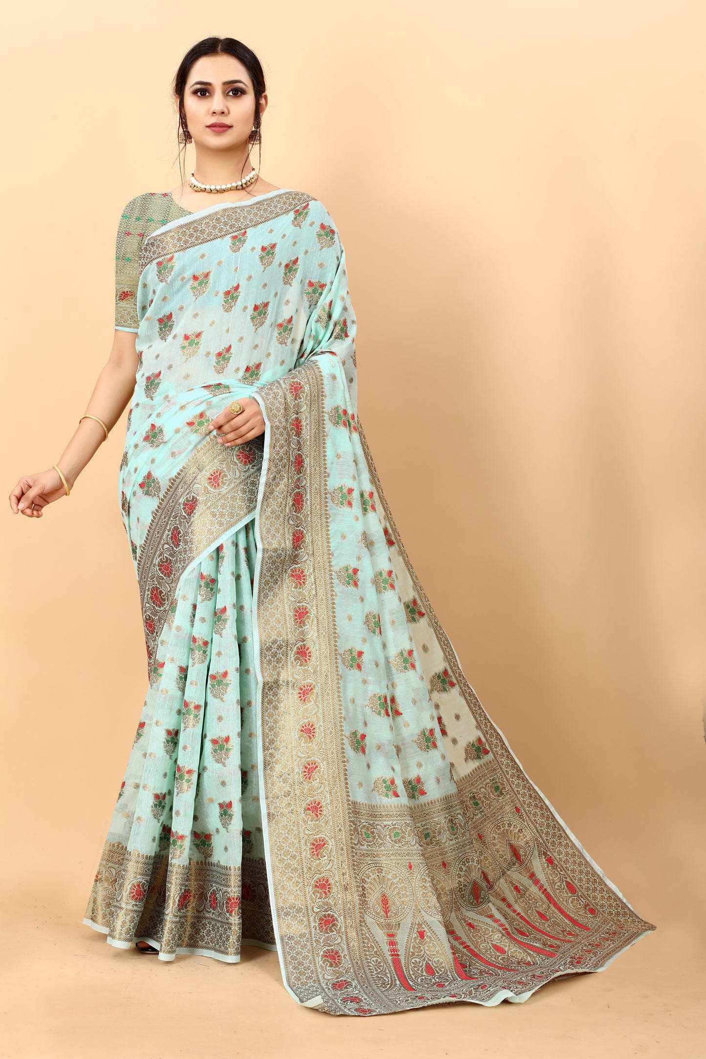 Light Blue Color Golden Zari Woven Work Exclusive Women's Soft Cotton Silk Saree with Unstiched Blouse Pieces.