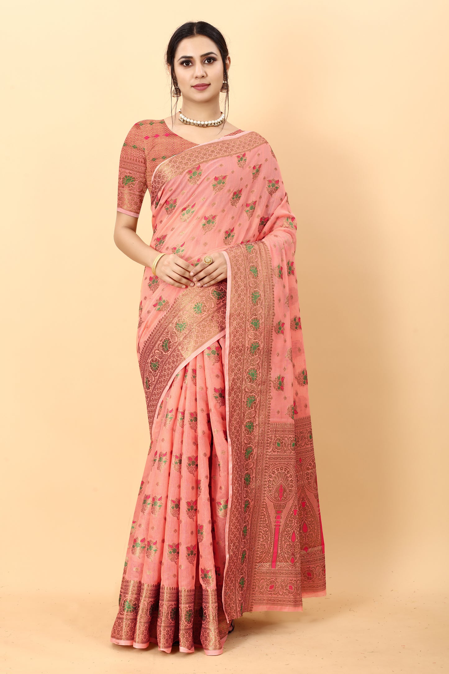 Peach Color Golden Zari Woven Work Exclusive Women's Soft Cotton Silk Saree with Unstiched Blouse Pieces.