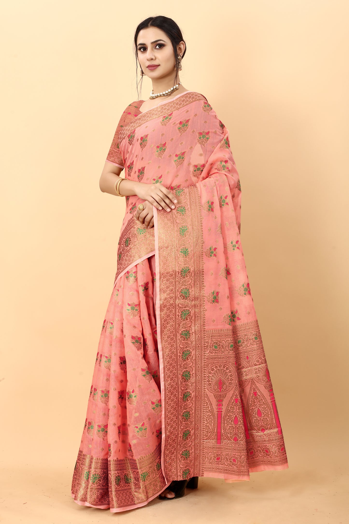 Peach Color Golden Zari Woven Work Exclusive Women's Soft Cotton Silk Saree with Unstiched Blouse Pieces.