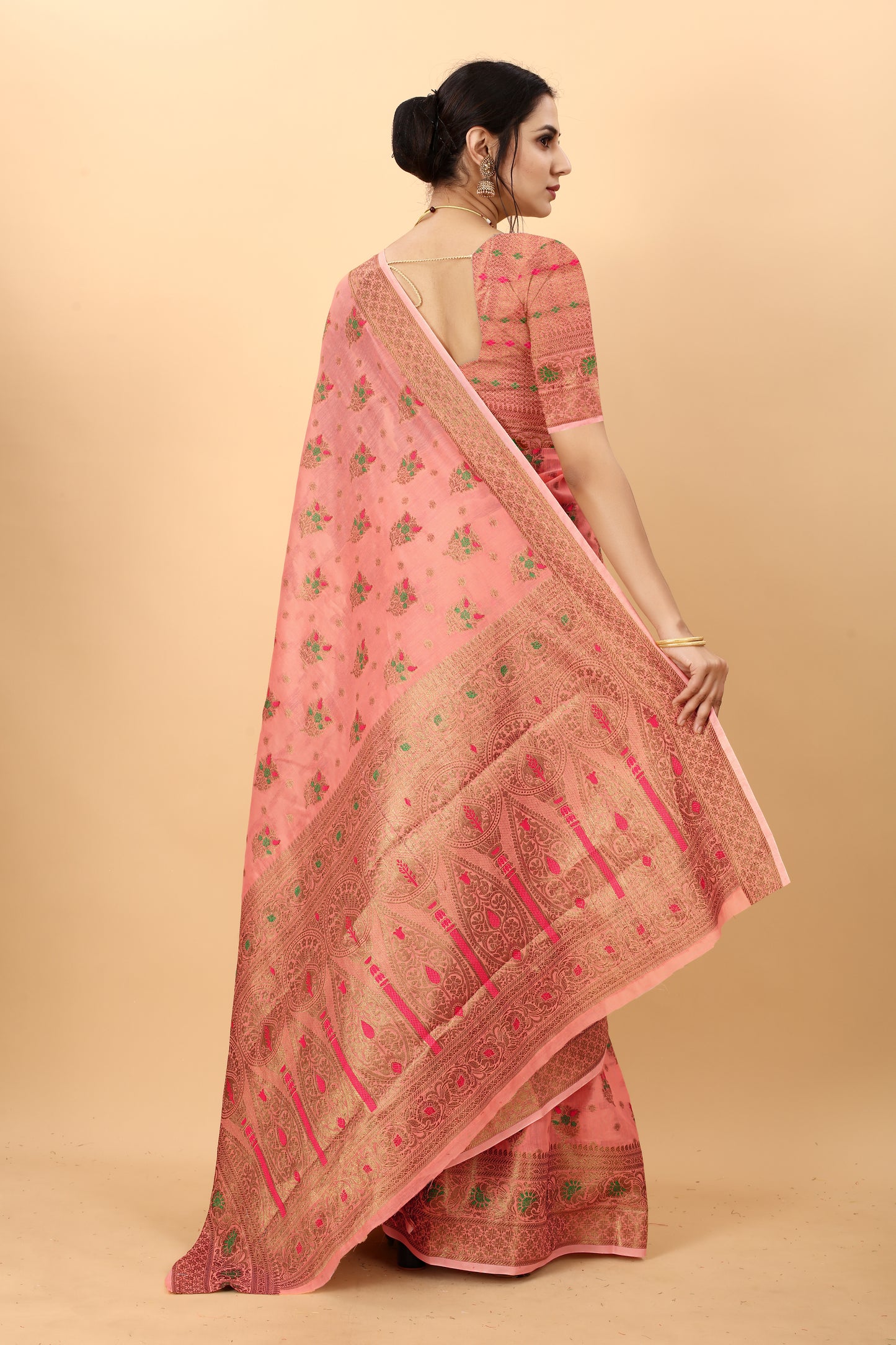Peach Color Golden Zari Woven Work Exclusive Women's Soft Cotton Silk Saree with Unstiched Blouse Pieces.