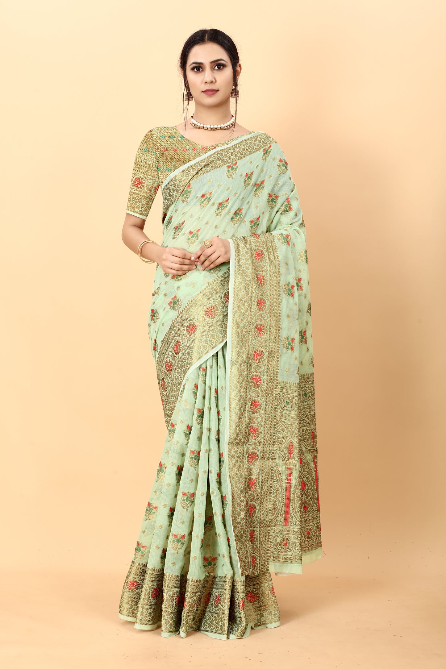 Pista Color Golden Zari Woven Work Exclusive Women's Soft Cotton Silk Saree with Unstiched Blouse Pieces.