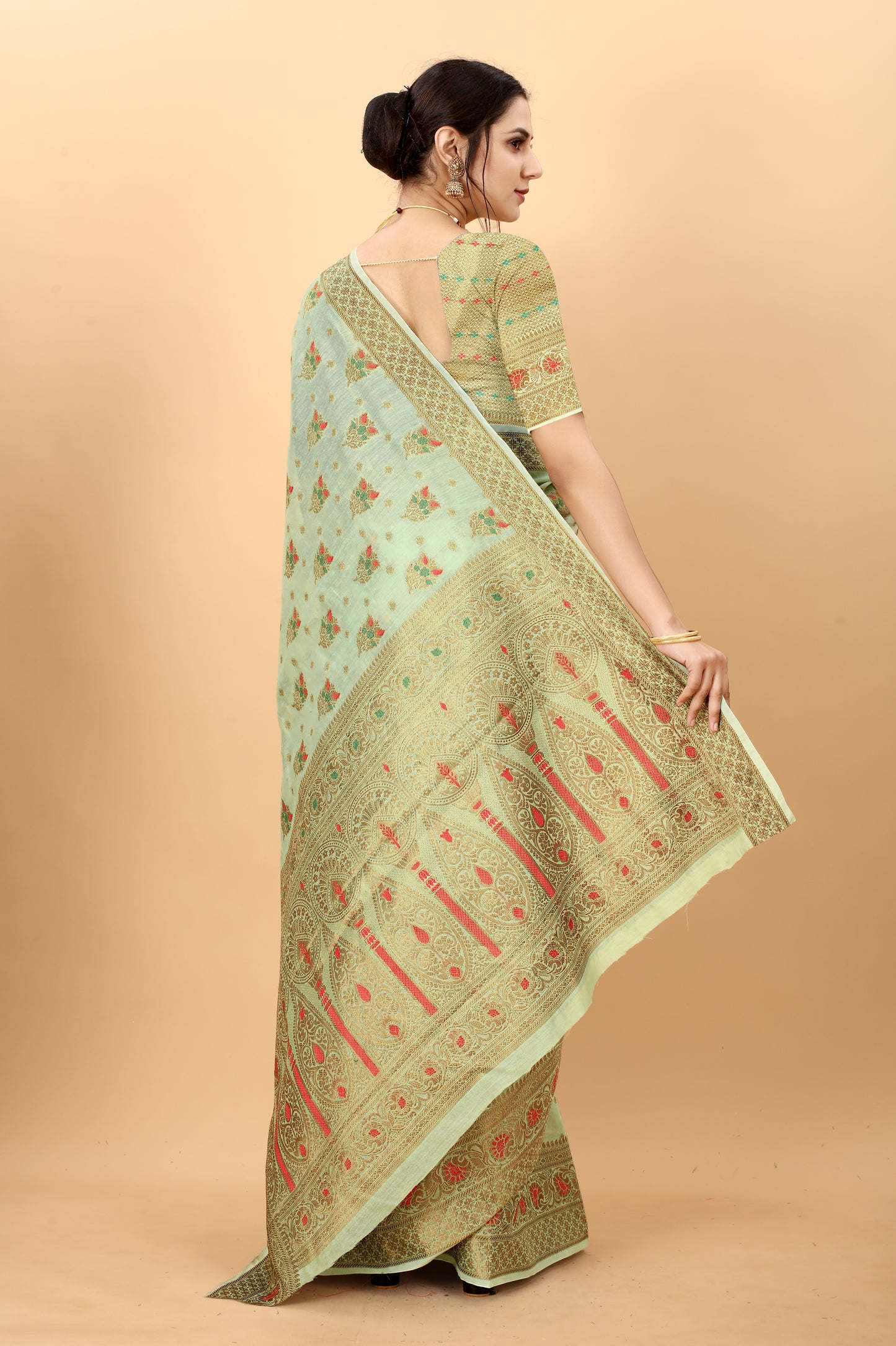 Pista Color Golden Zari Woven Work Exclusive Women's Soft Cotton Silk Saree with Unstiched Blouse Pieces.