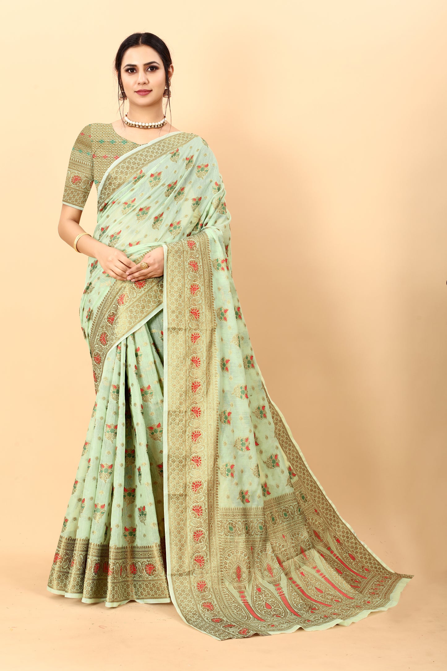 Pista Color Golden Zari Woven Work Exclusive Women's Soft Cotton Silk Saree with Unstiched Blouse Pieces.