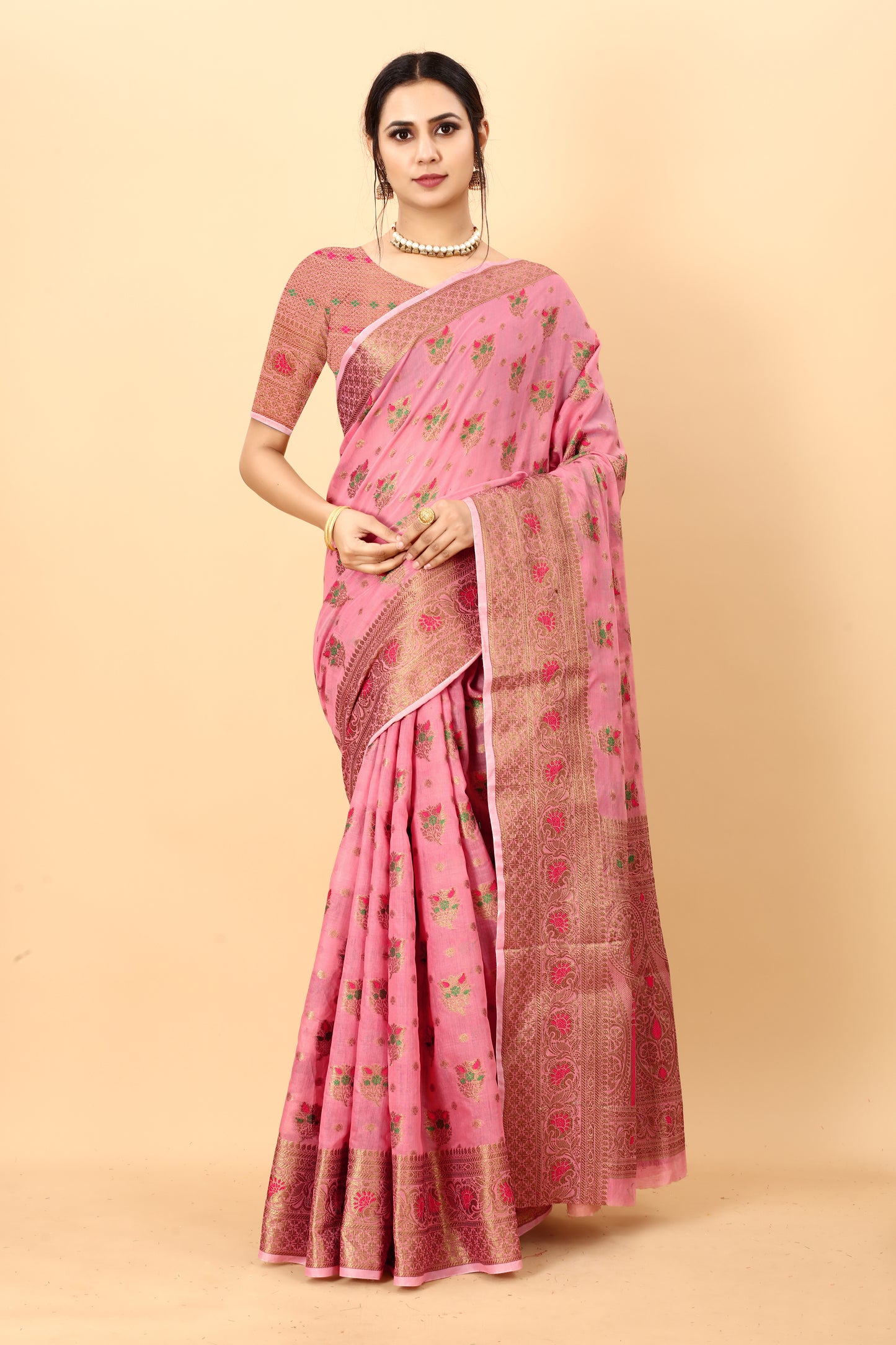Pink Color Golden Zari Woven Work Exclusive Women's Soft Cotton Silk Saree with Unstiched Blouse Pieces.