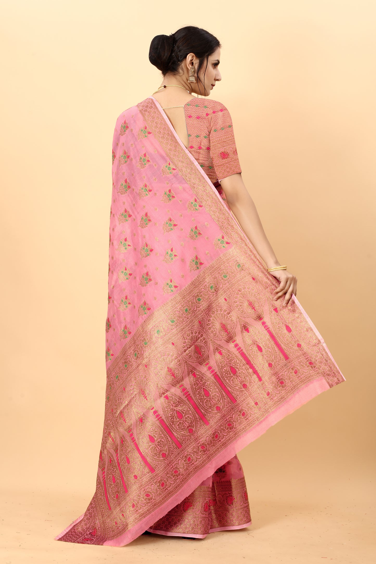 Pink Color Golden Zari Woven Work Exclusive Women's Soft Cotton Silk Saree with Unstiched Blouse Pieces.