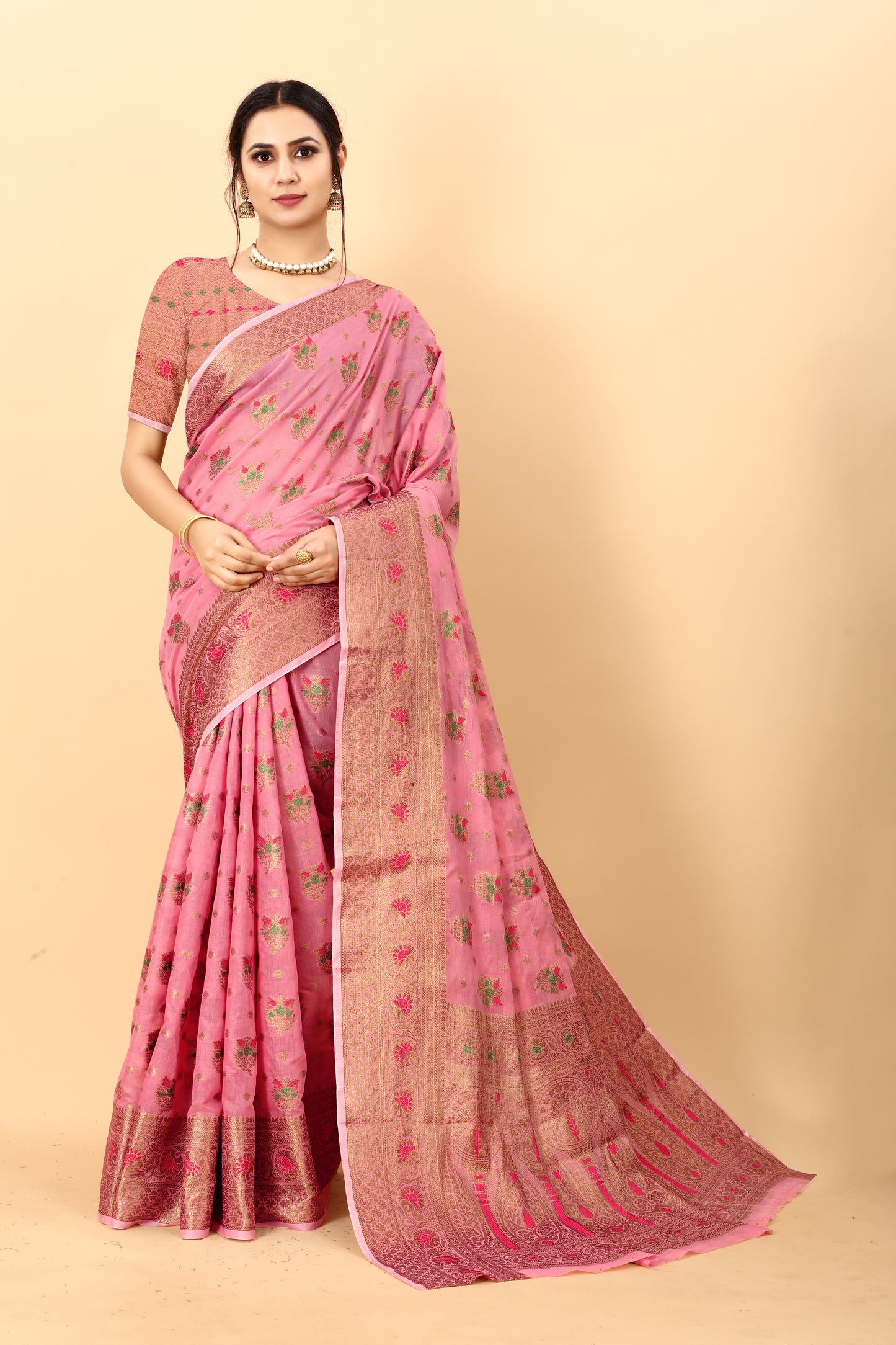 Pink Color Golden Zari Woven Work Exclusive Women's Soft Cotton Silk Saree with Unstiched Blouse Pieces.