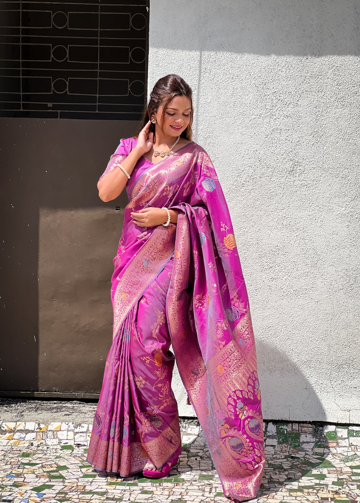 Lavender Woven Design Banarasi Silk Saree Set