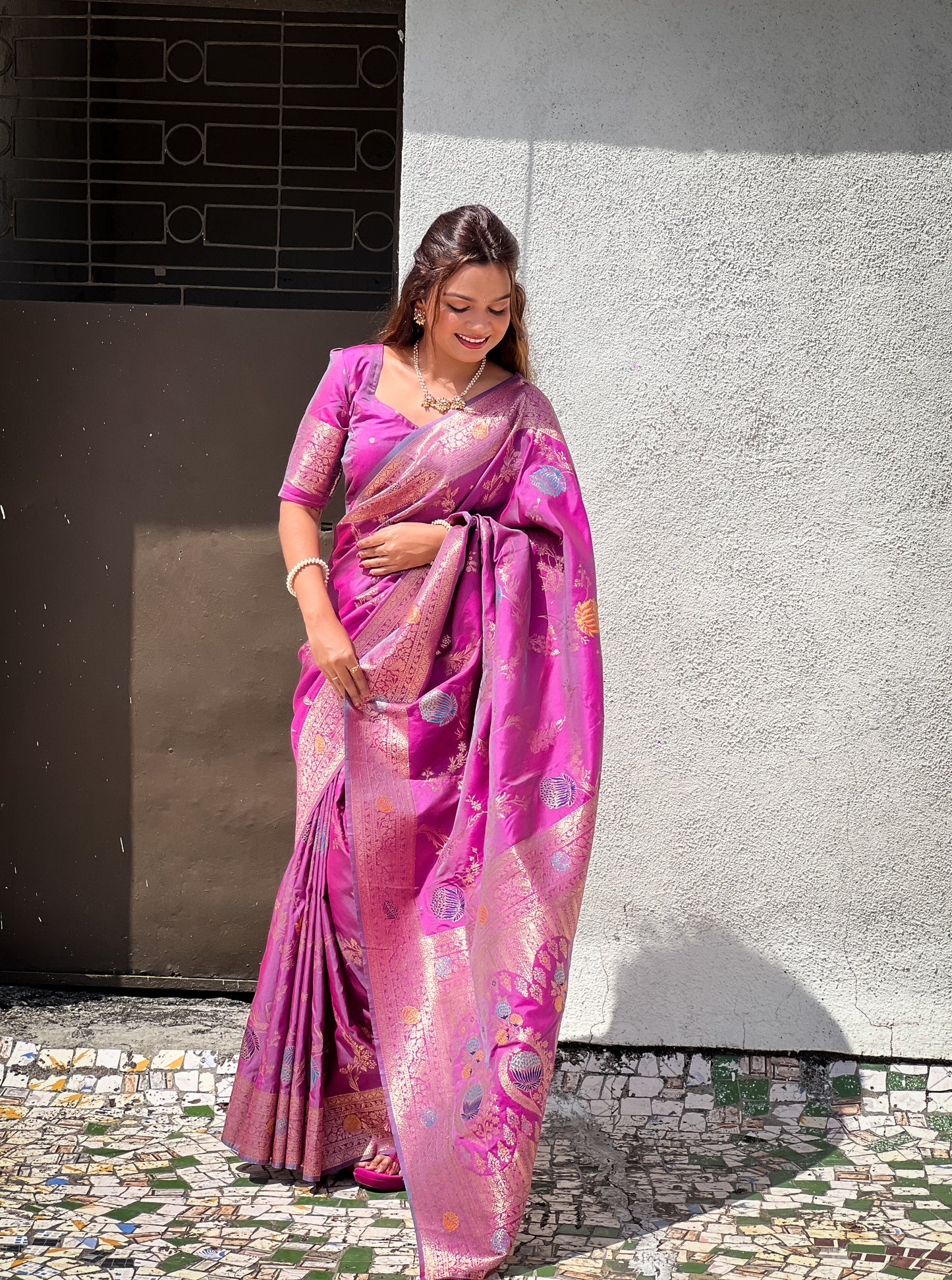 Lavender Woven Design Banarasi Silk Saree Set
