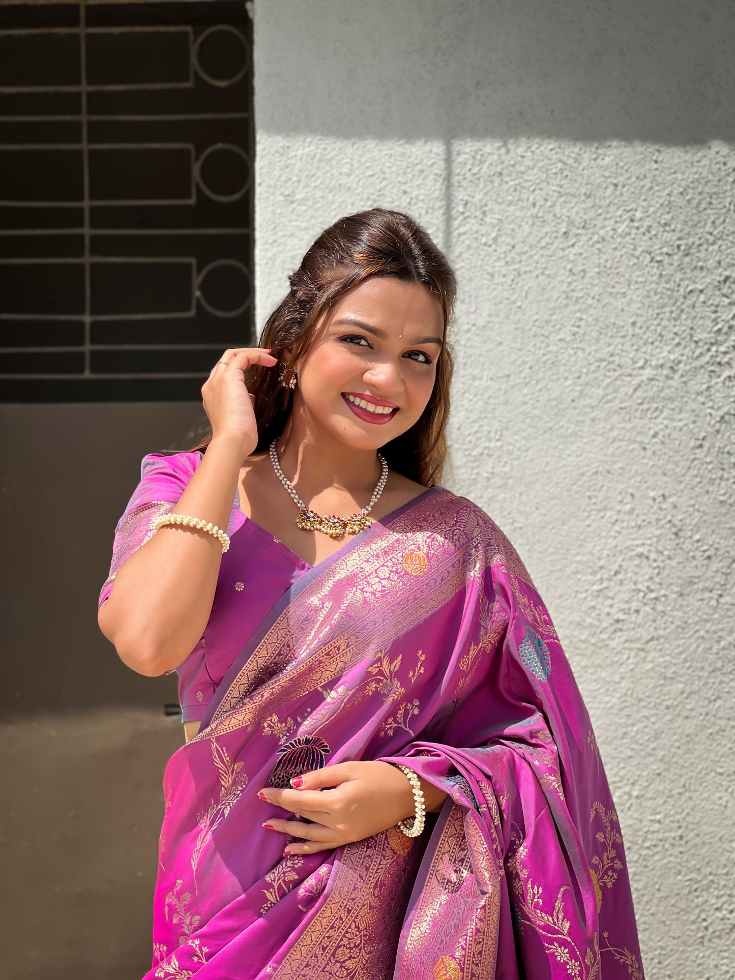 Lavender Woven Design Banarasi Silk Saree Set