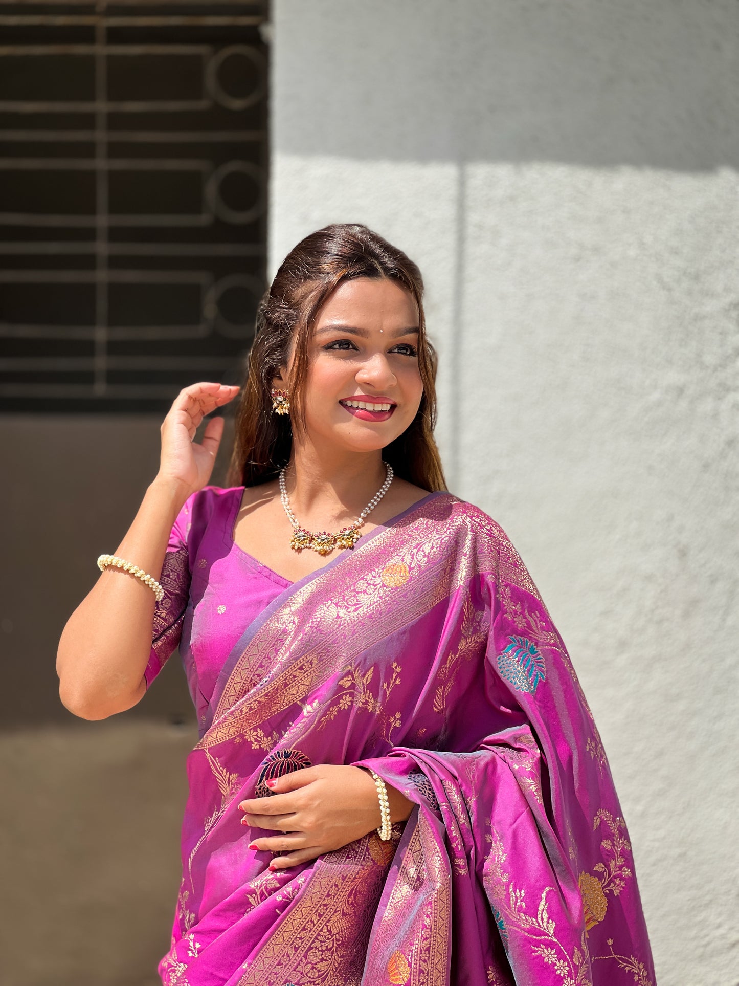 Lavender Woven Design Banarasi Silk Saree Set