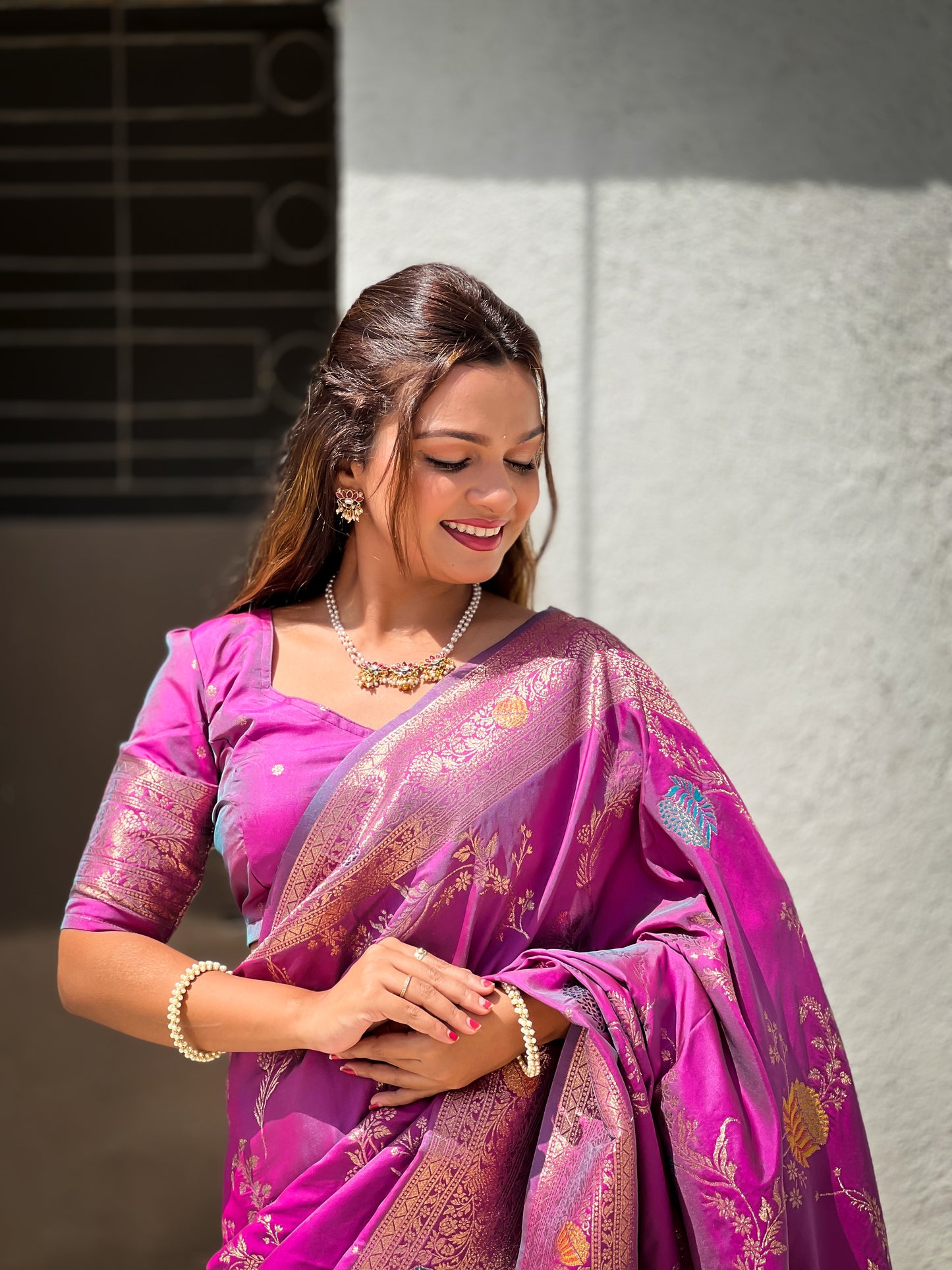 Lavender Woven Design Banarasi Silk Saree Set