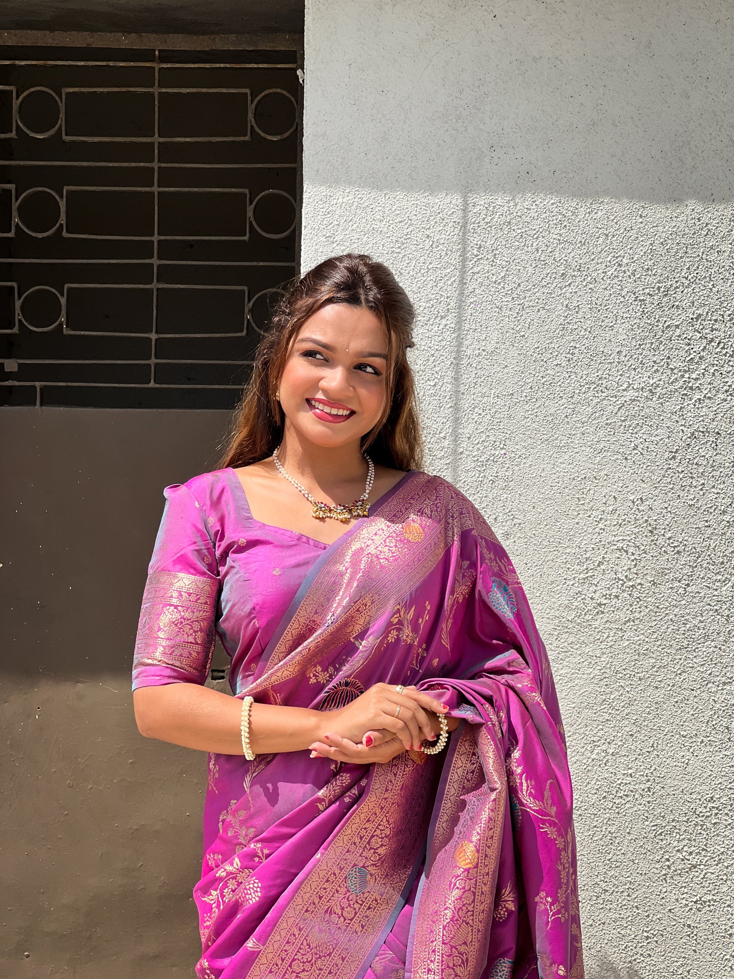Lavender Woven Design Banarasi Silk Saree Set