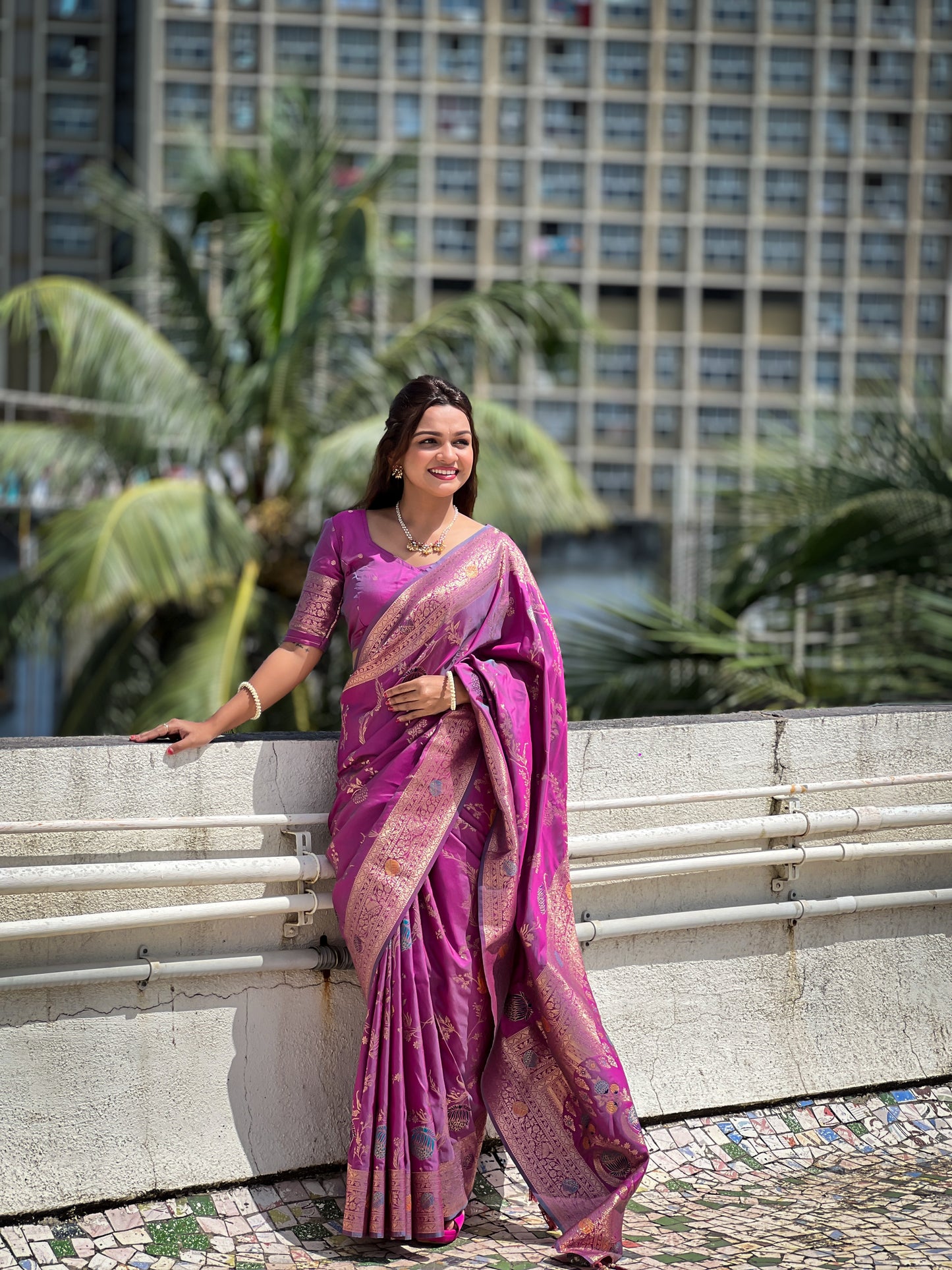 Lavender Woven Design Banarasi Silk Saree Set