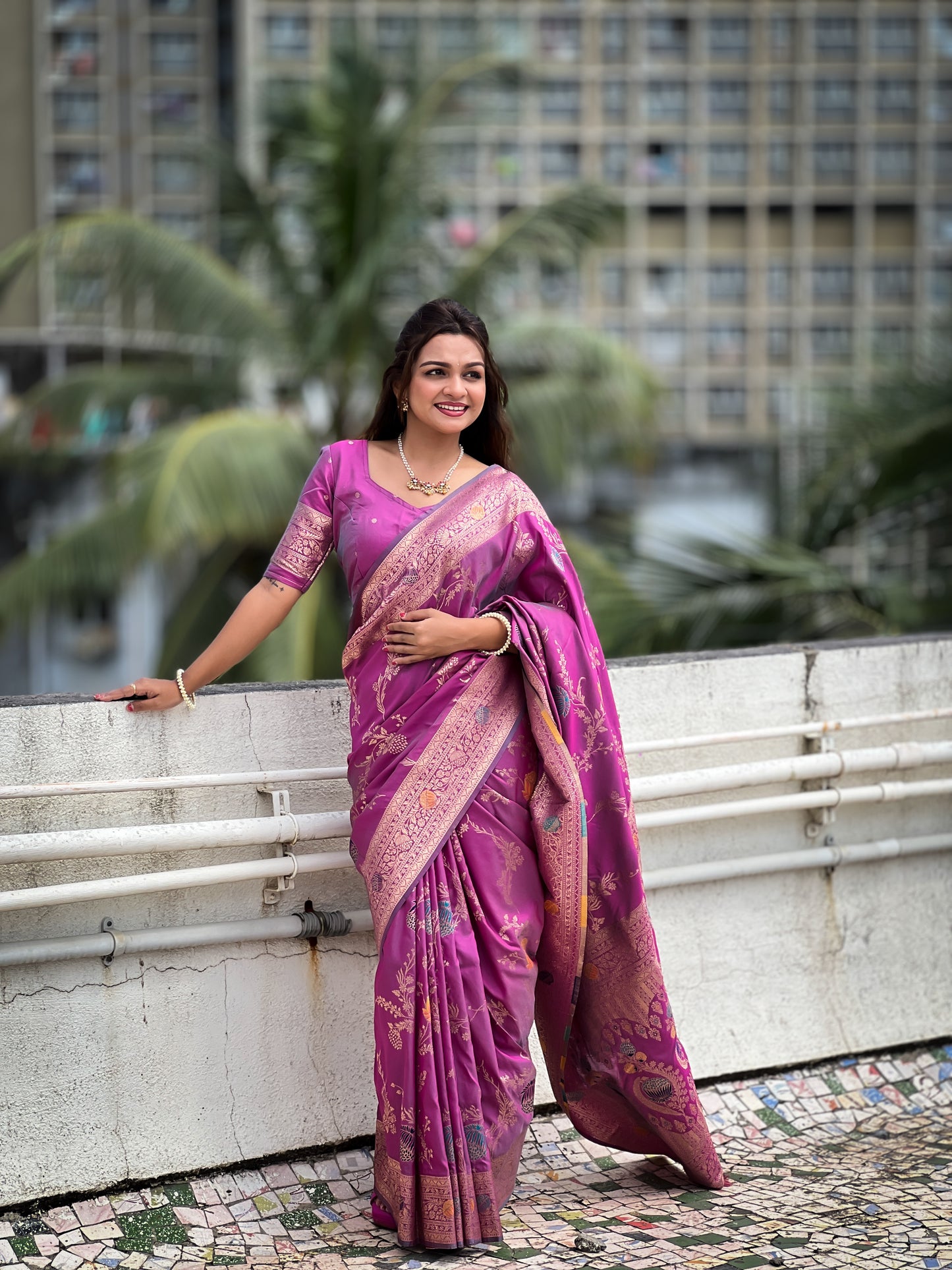 Lavender Woven Design Banarasi Silk Saree Set