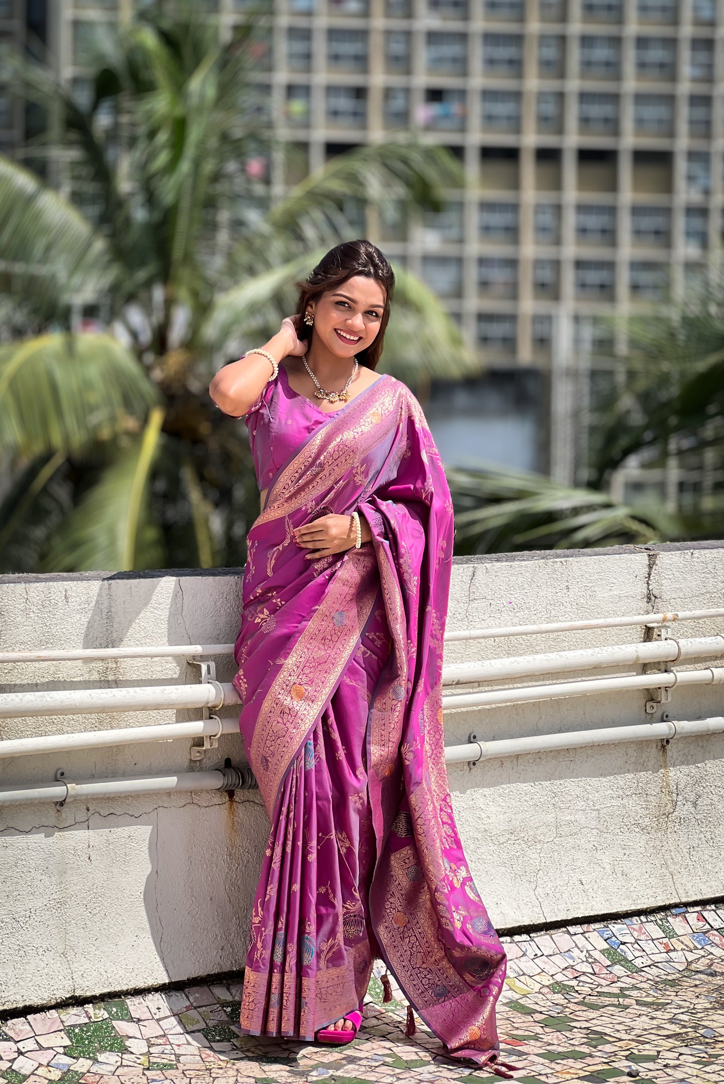 Lavender Woven Design Banarasi Silk Saree Set