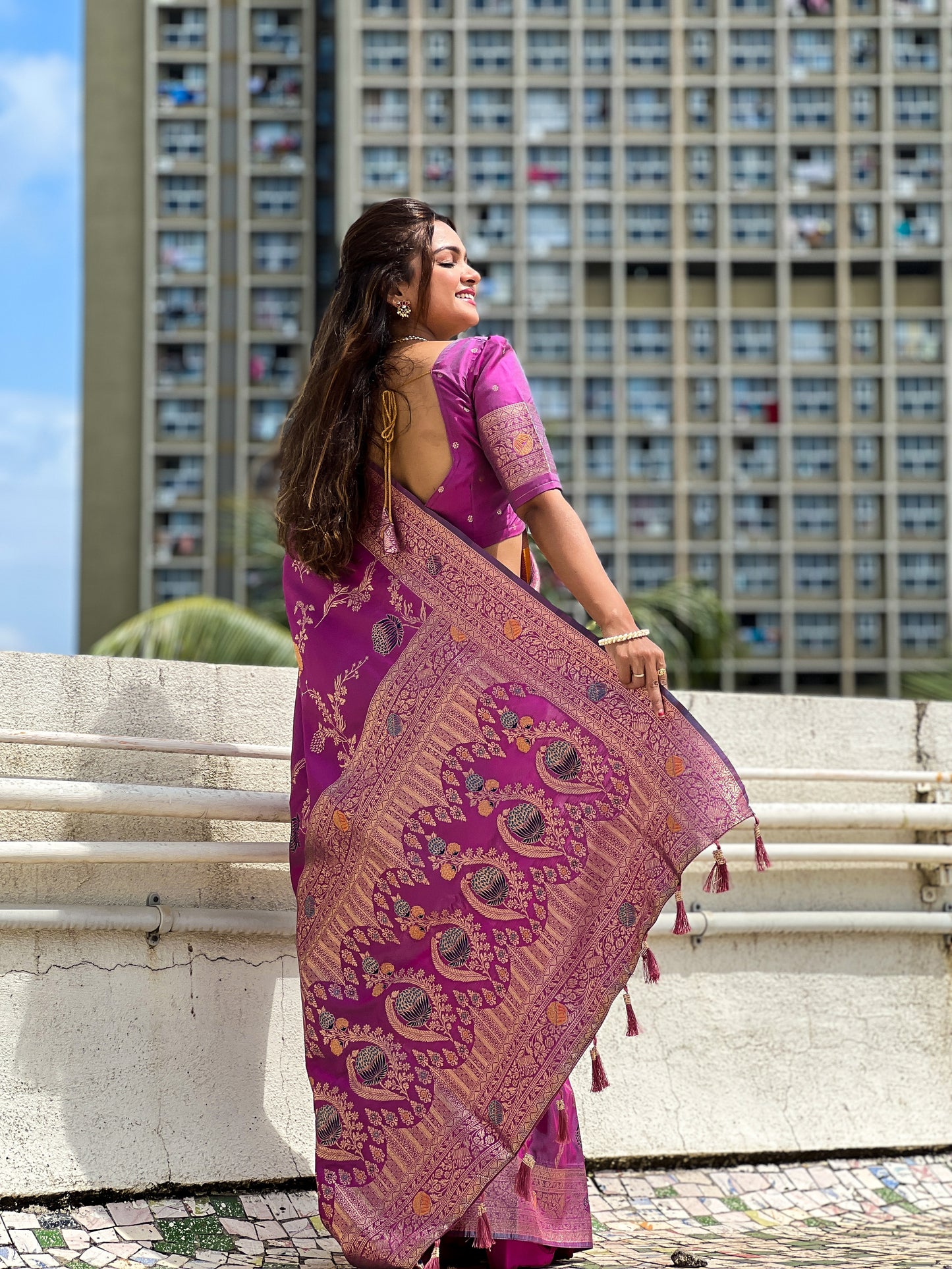 Lavender Woven Design Banarasi Silk Saree Set
