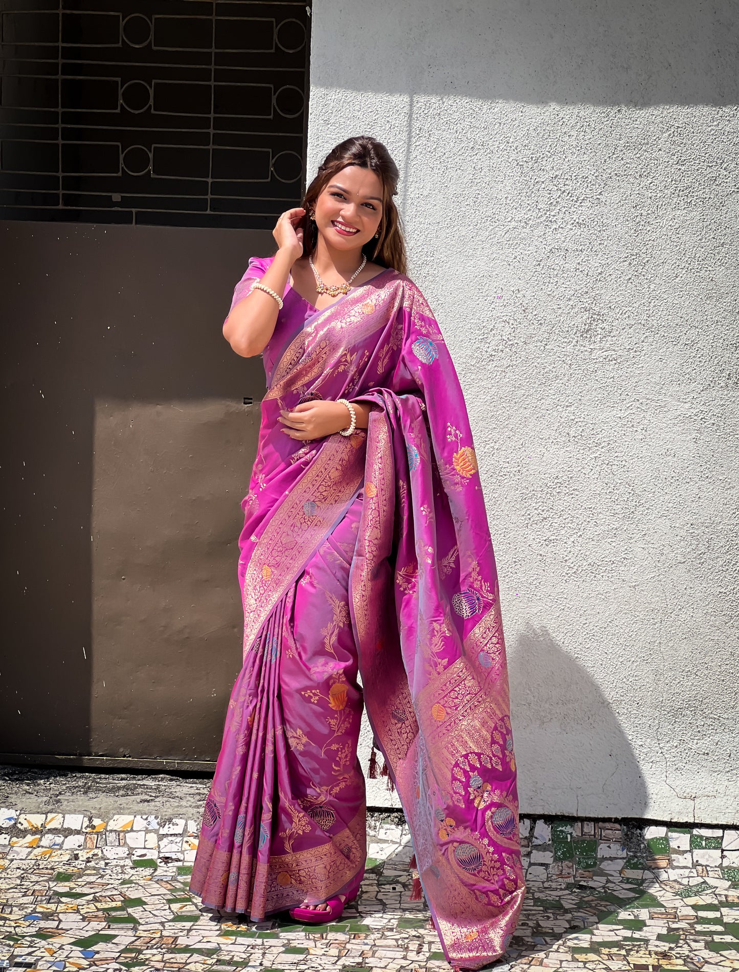 Lavender Woven Design Banarasi Silk Saree Set