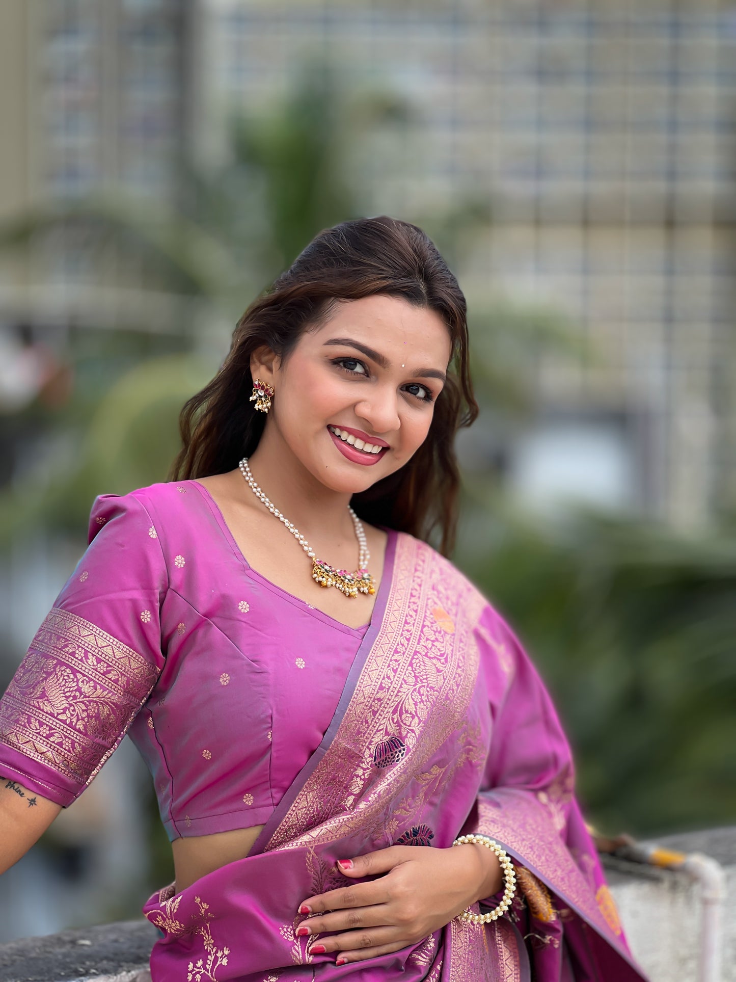 Lavender Woven Design Banarasi Silk Saree Set