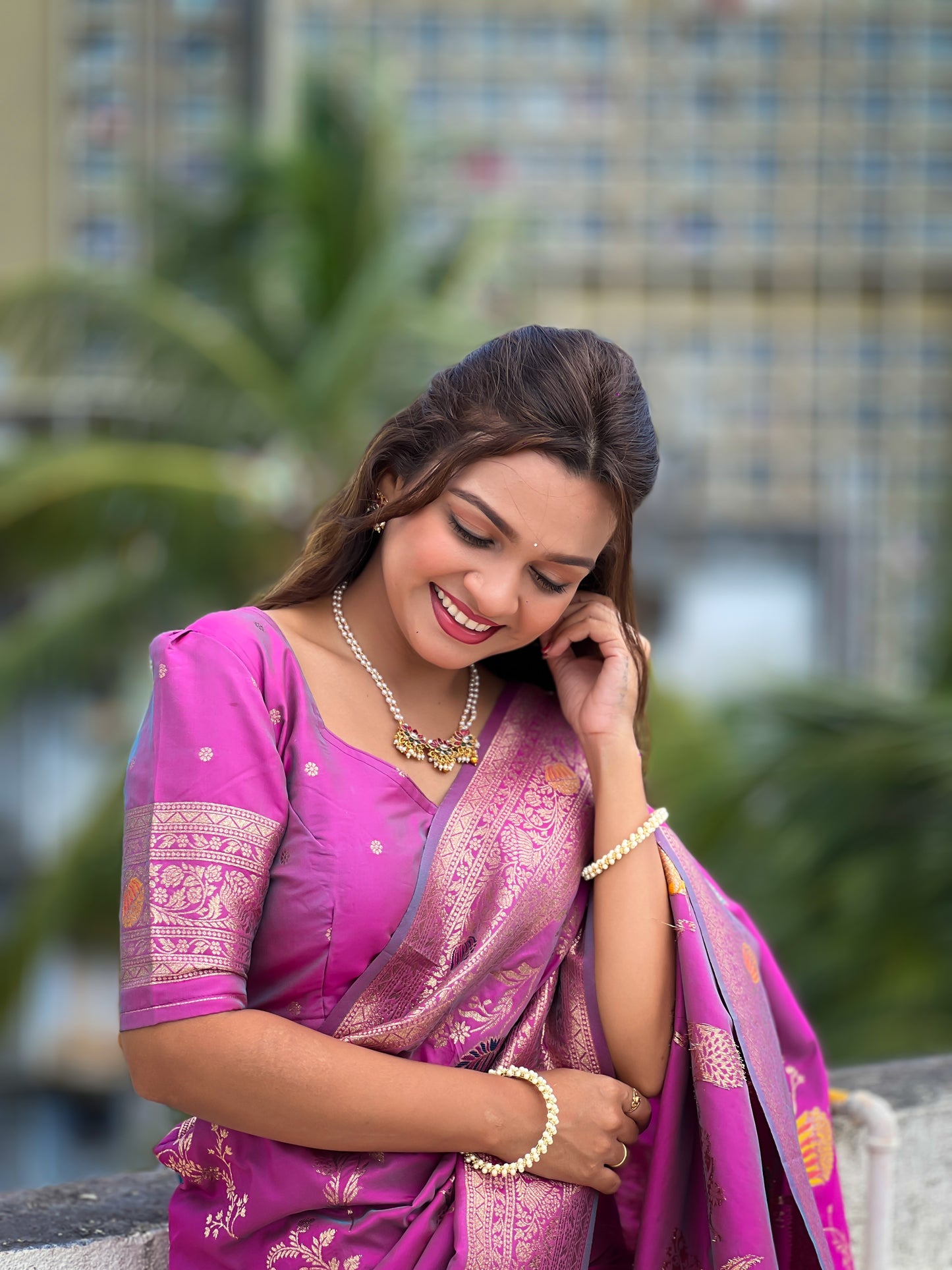 Lavender Woven Design Banarasi Silk Saree Set
