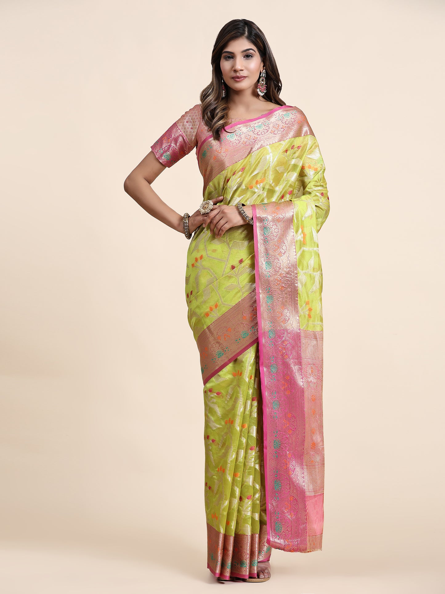 Soft Organza Silk saree with Meenakari weawing design and Rich Zari weawing Pallu with zari weawing border