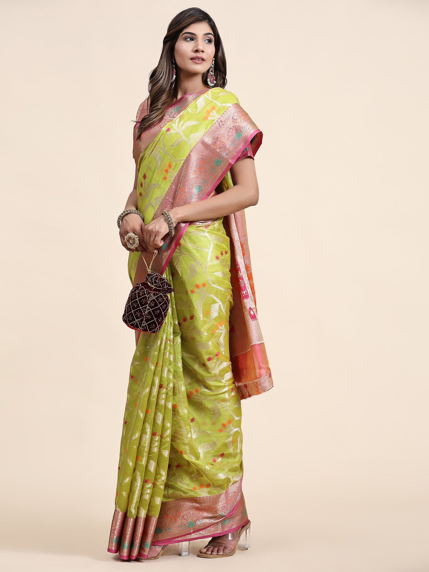 Soft Organza Silk saree with Meenakari weawing design and Rich Zari weawing Pallu with zari weawing border