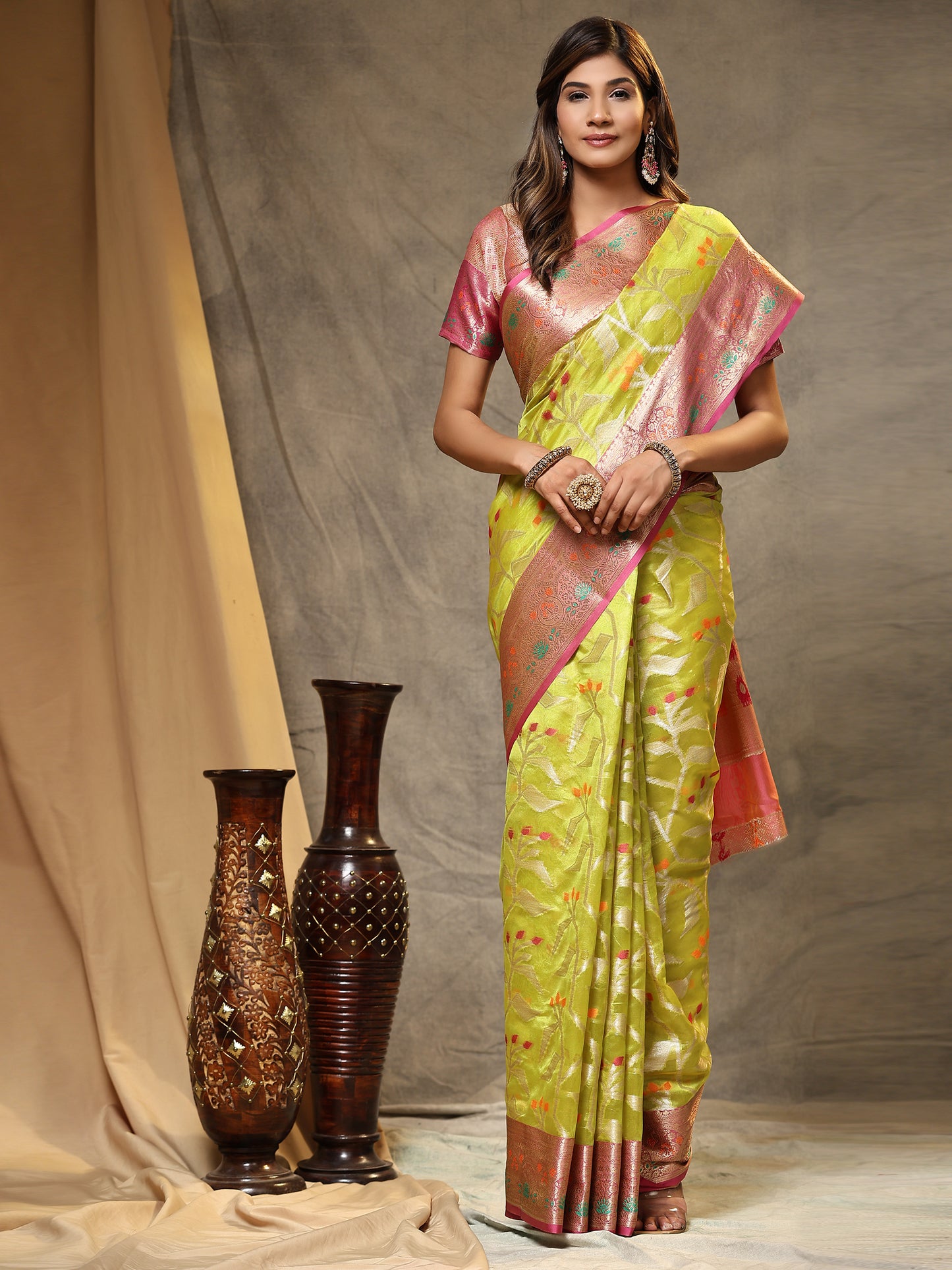 Soft Organza Silk saree with Meenakari weawing design and Rich Zari weawing Pallu with zari weawing border