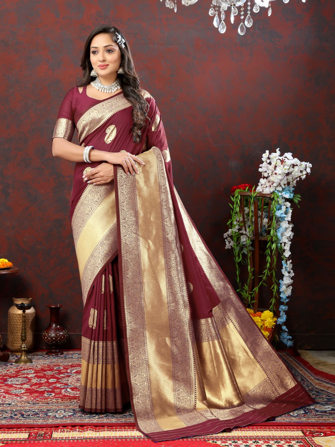 Maroon Color Exclusive Soft Silk Zari Woven Work With Rich Pallu and Contrast Border With Tessels Women's Saree with Unstiched Blouse Pieces.