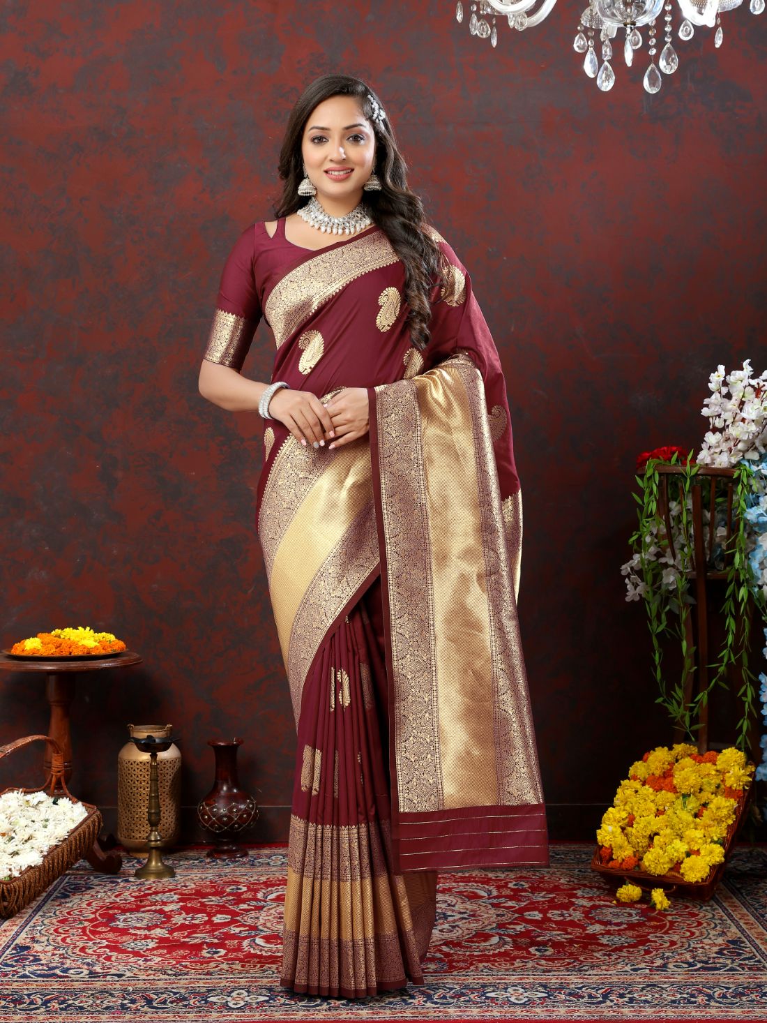 Maroon Color Exclusive Soft Silk Zari Woven Work With Rich Pallu and Contrast Border With Tessels Women's Saree with Unstiched Blouse Pieces.