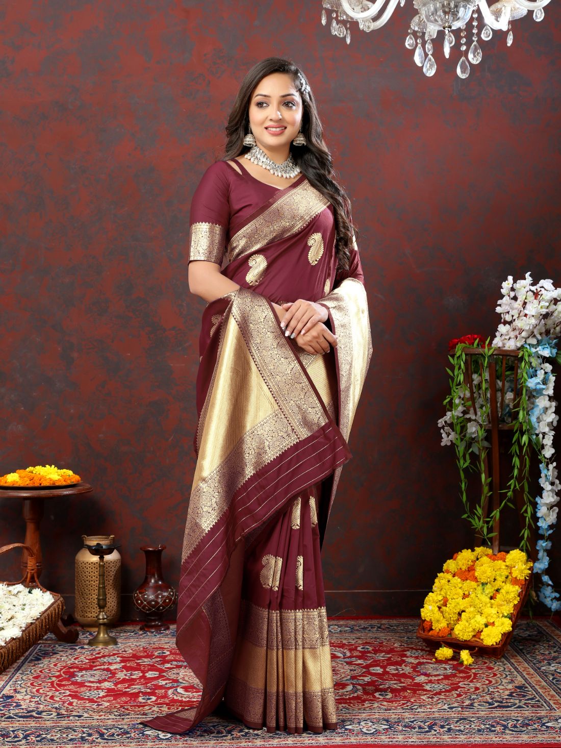 Maroon Color Exclusive Soft Silk Zari Woven Work With Rich Pallu and Contrast Border With Tessels Women's Saree with Unstiched Blouse Pieces.