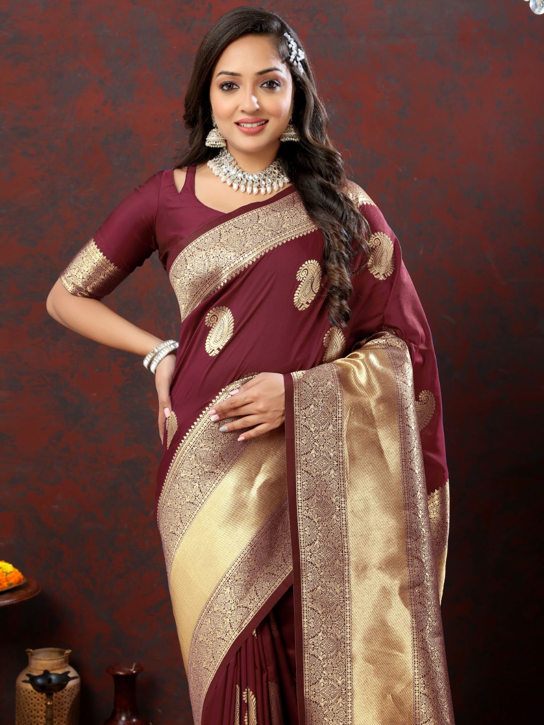 Maroon Color Exclusive Soft Silk Zari Woven Work With Rich Pallu and Contrast Border With Tessels Women's Saree with Unstiched Blouse Pieces.