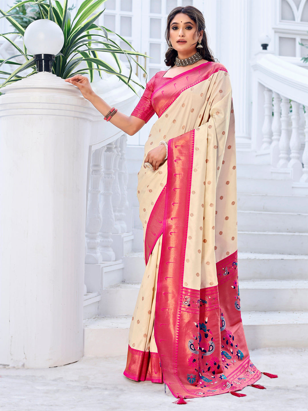 Pink and Cream color beautiful paithani saree with rich meenakari work with Rich Pallu Weawing With Blouse Piece.