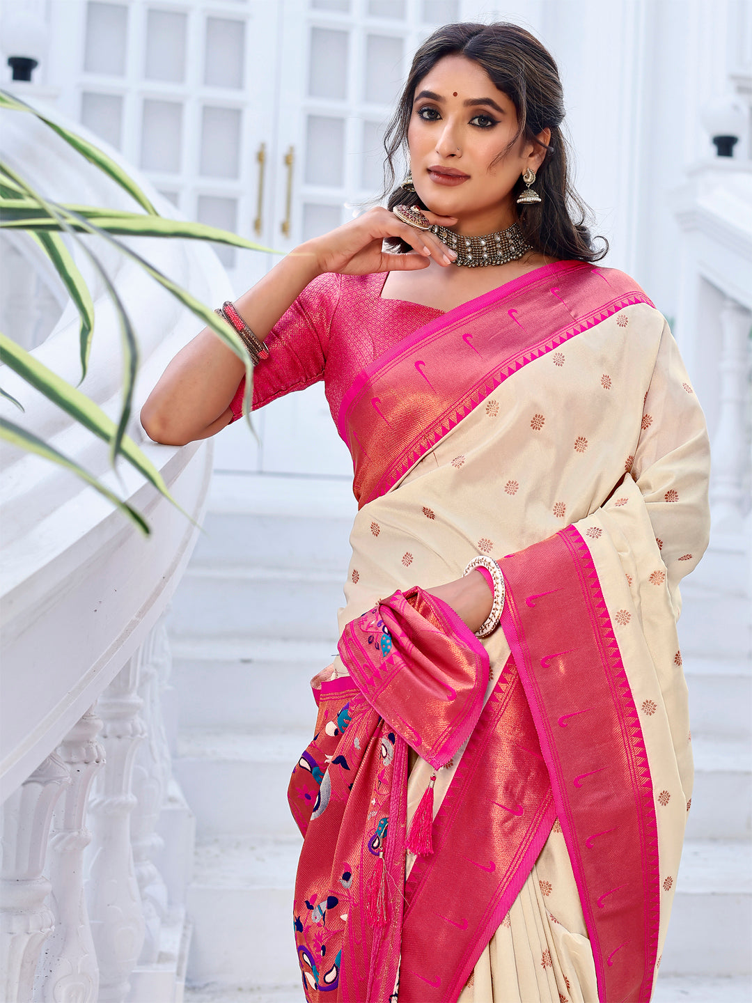 Pink and Cream color beautiful paithani saree with rich meenakari work with Rich Pallu Weawing With Blouse Piece.