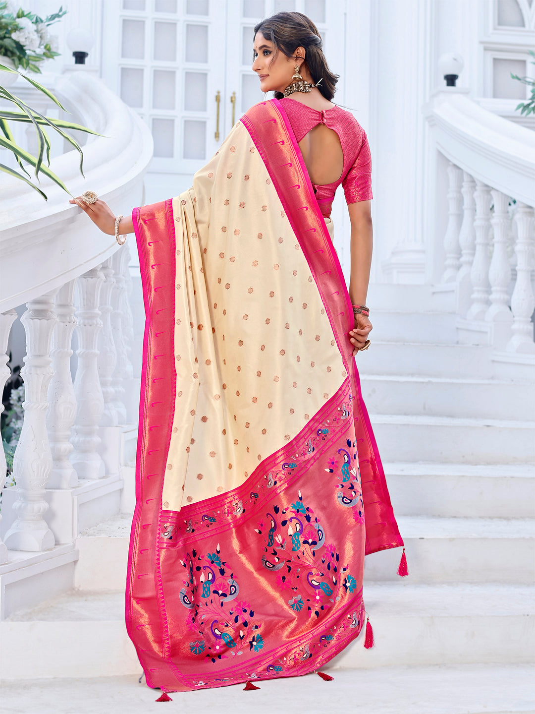 Pink and Cream color beautiful paithani saree with rich meenakari work with Rich Pallu Weawing With Blouse Piece.