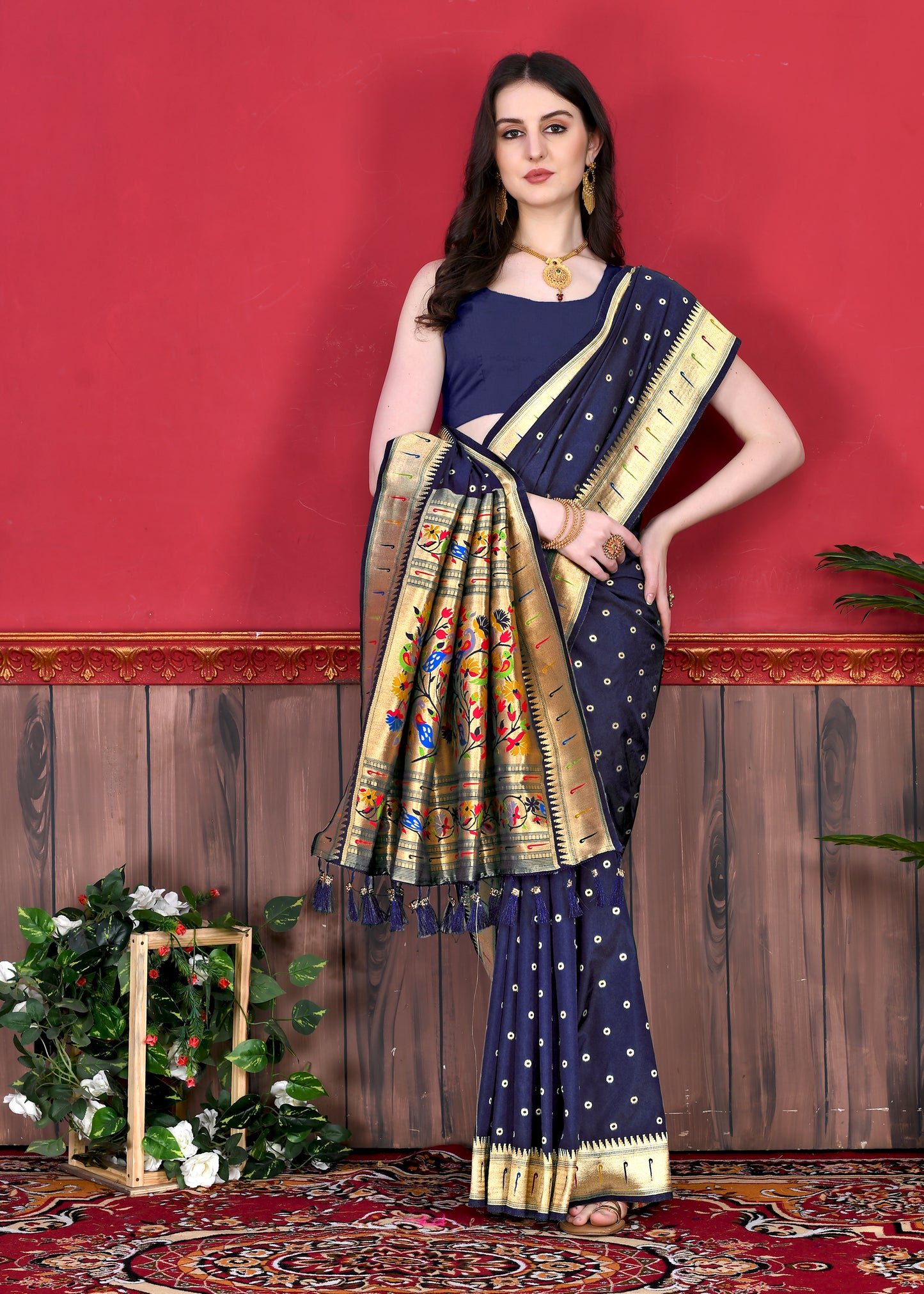 Soft Paithani Silk Saree with Gold Zari Weaving Motifs