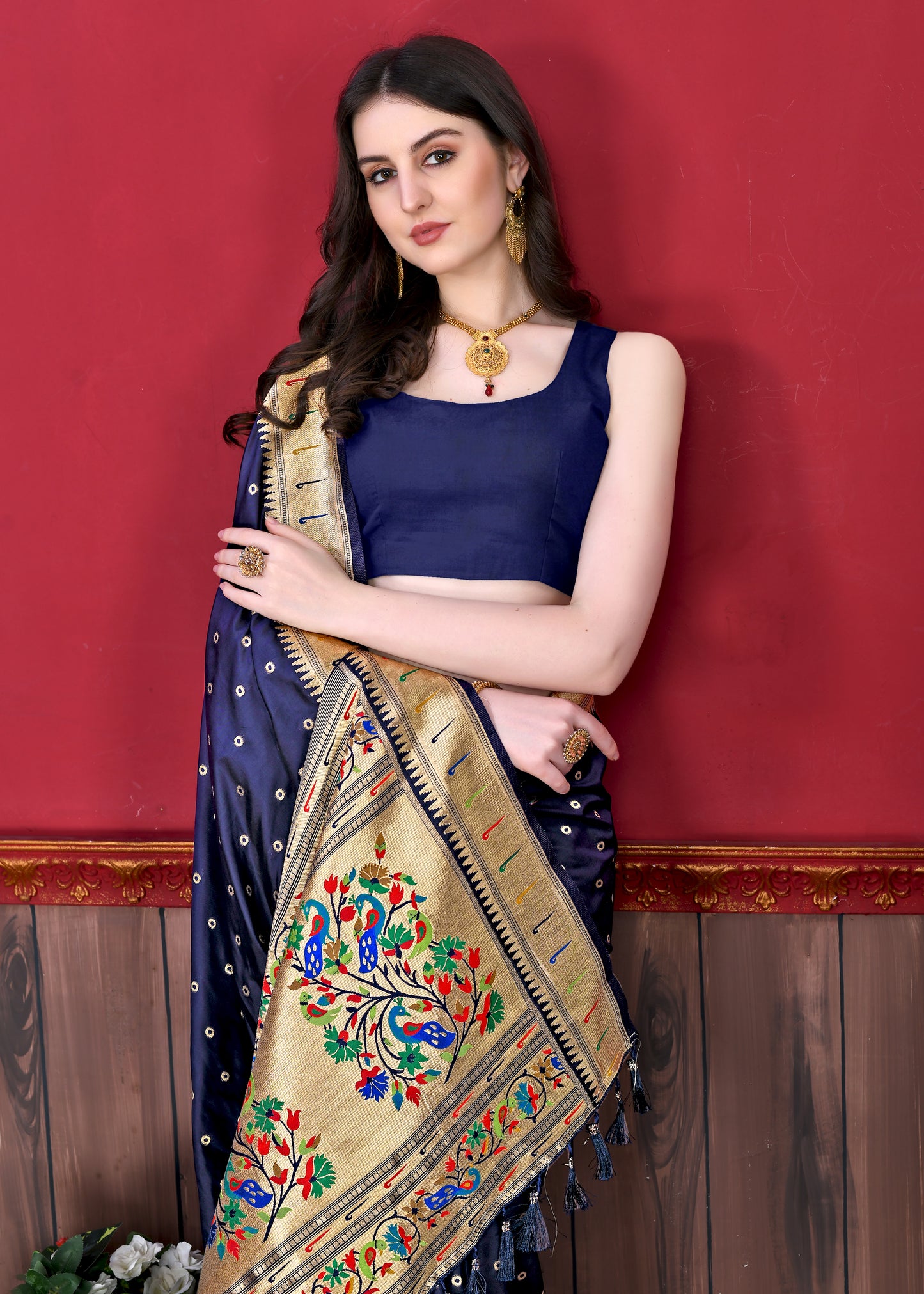Soft Paithani Silk Saree with Gold Zari Weaving Motifs