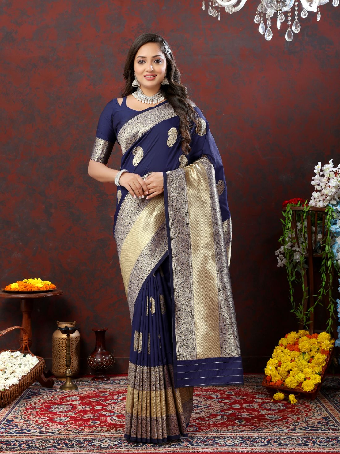 Nevy Blue Color Exclusive Soft Silk Zari Woven Work With Rich Pallu and Contrast Border With Tessels Women's Saree with Unstiched Blouse Pieces.