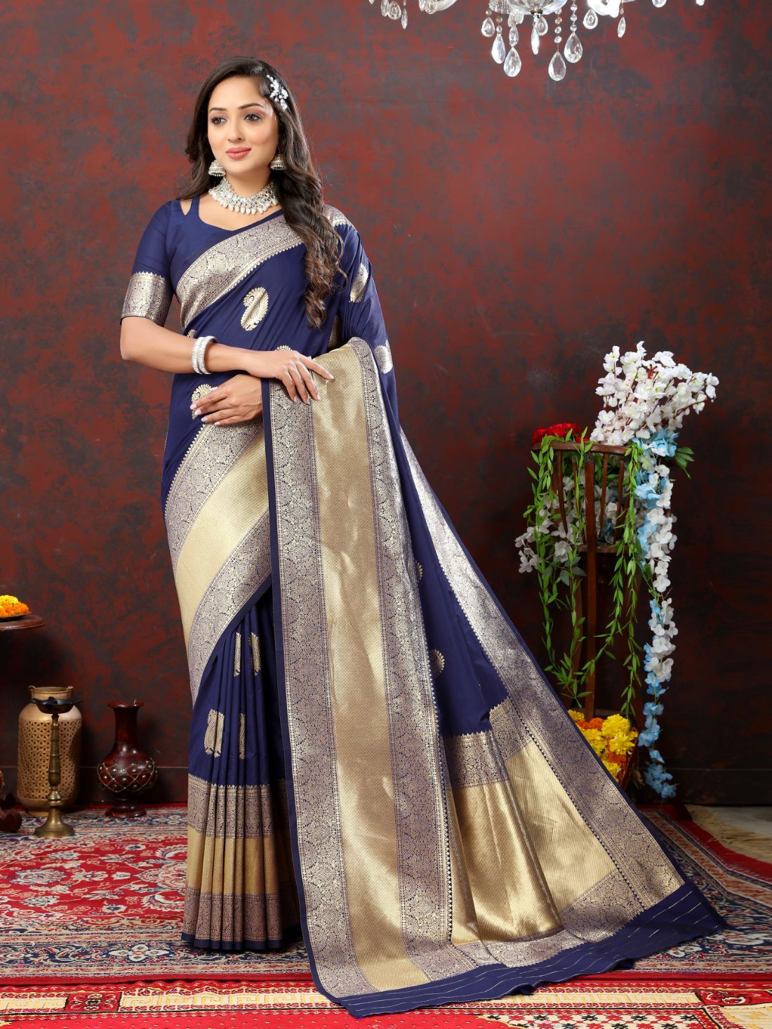 Nevy Blue Color Exclusive Soft Silk Zari Woven Work With Rich Pallu and Contrast Border With Tessels Women's Saree with Unstiched Blouse Pieces.